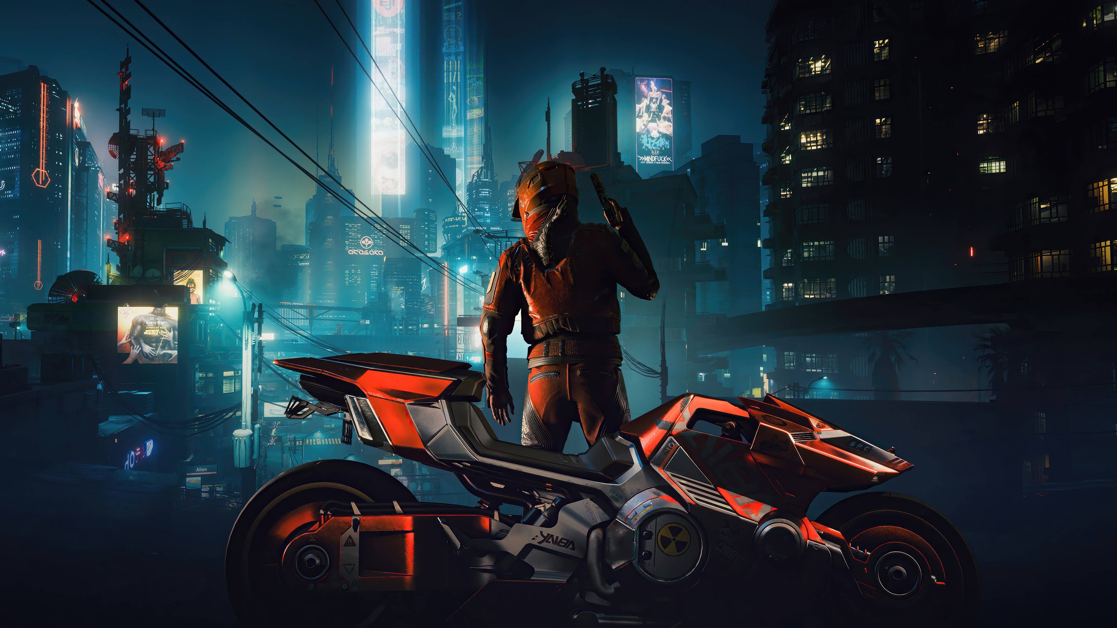 Cyberpunk 2077 character on a motorcycle in a city HD Wallpaper