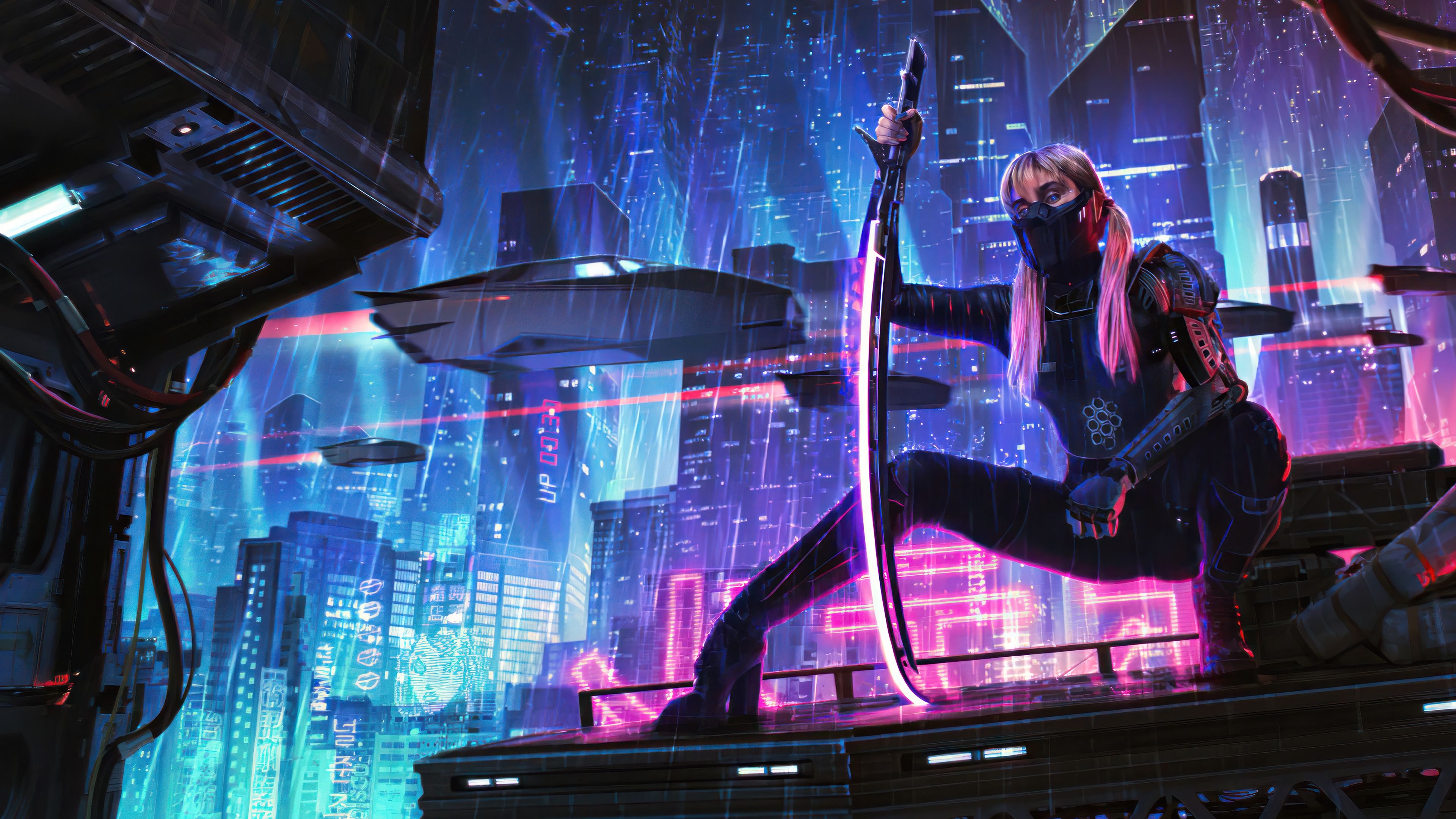 Cyberpunk Assassin with Katana in Neon City 4K HD Wallpaper