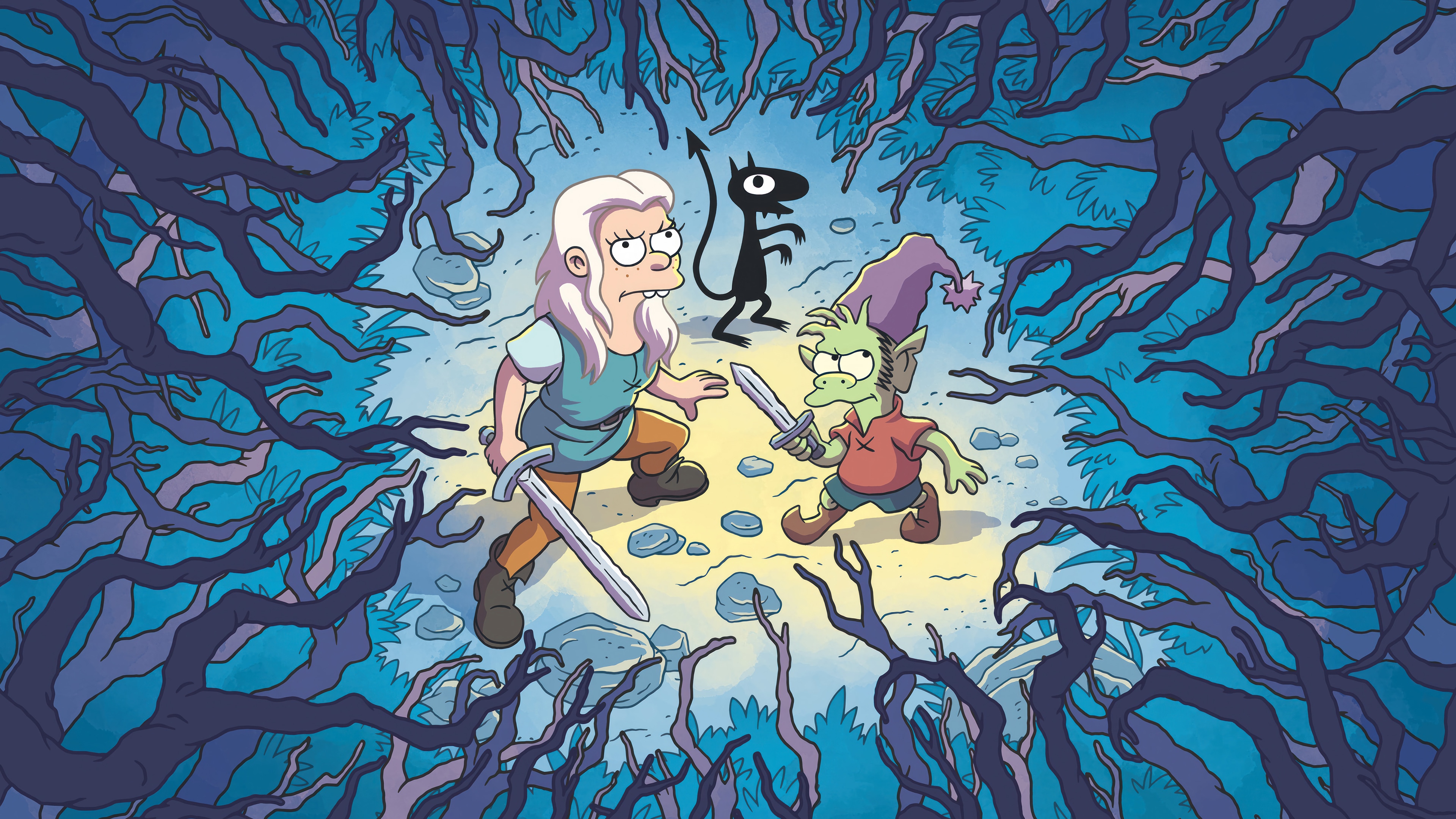 Disenchantment characters in a dark forest HD Wallpaper
