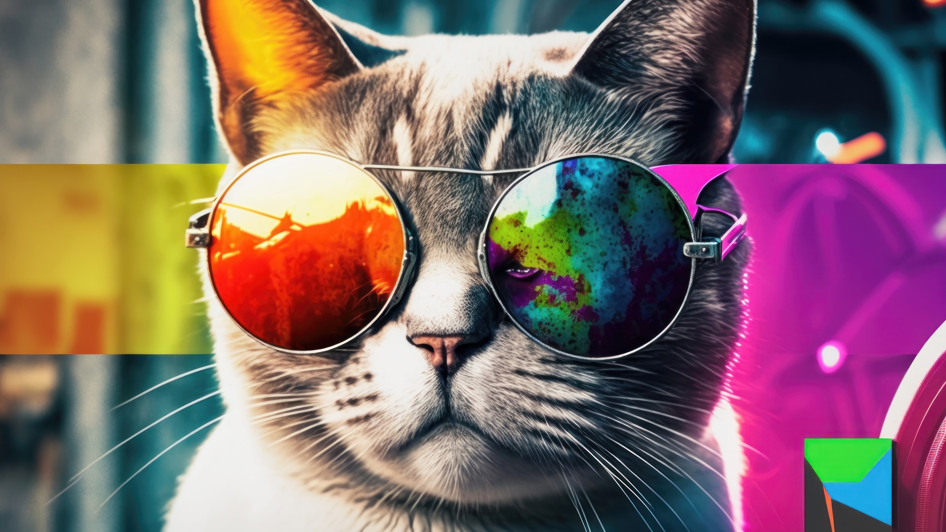 Cat wearing sunglasses with colorful reflections HD Wallpaper
