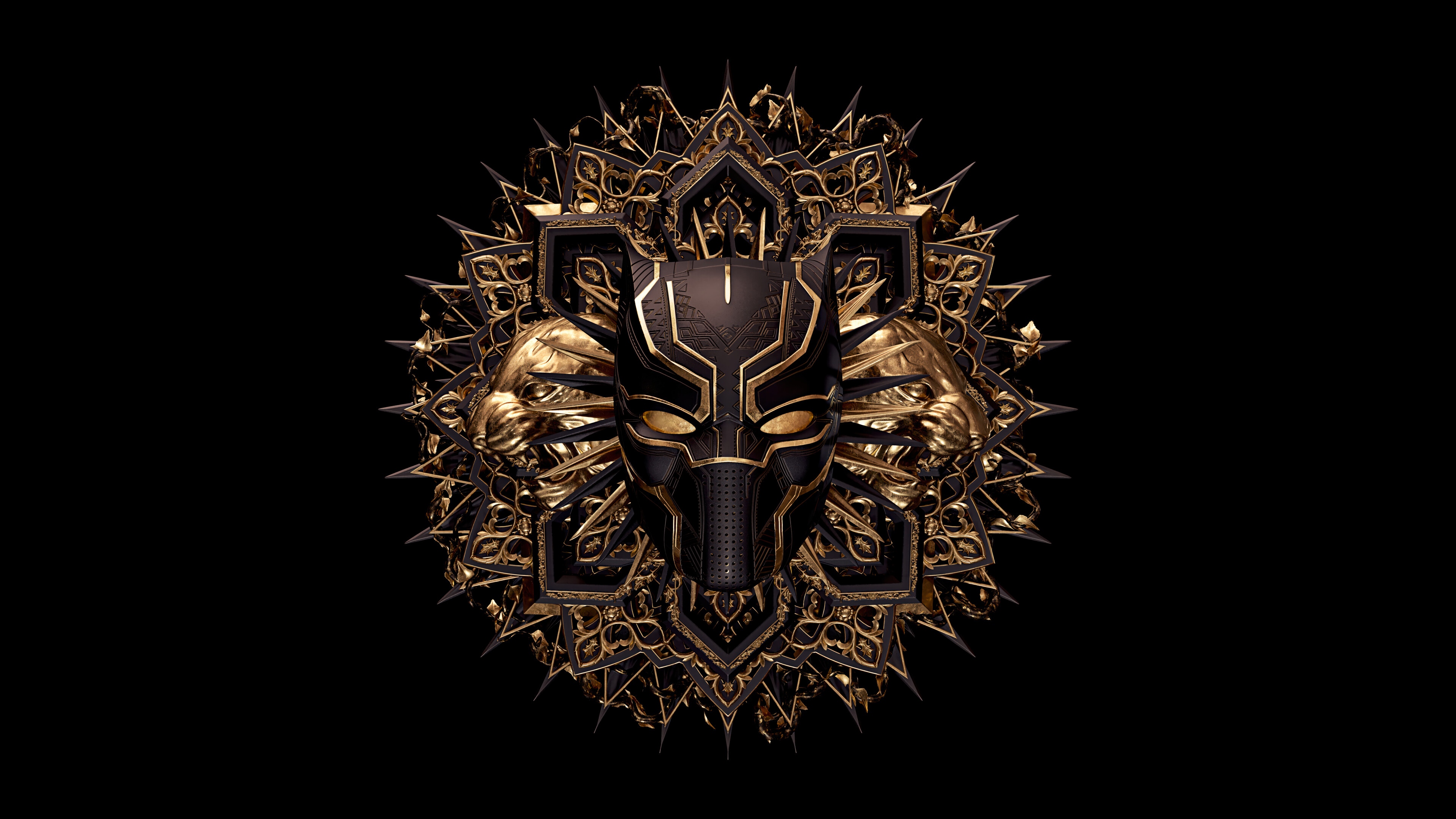 Black Panther Mask with Golden Ornate Design HD Wallpaper