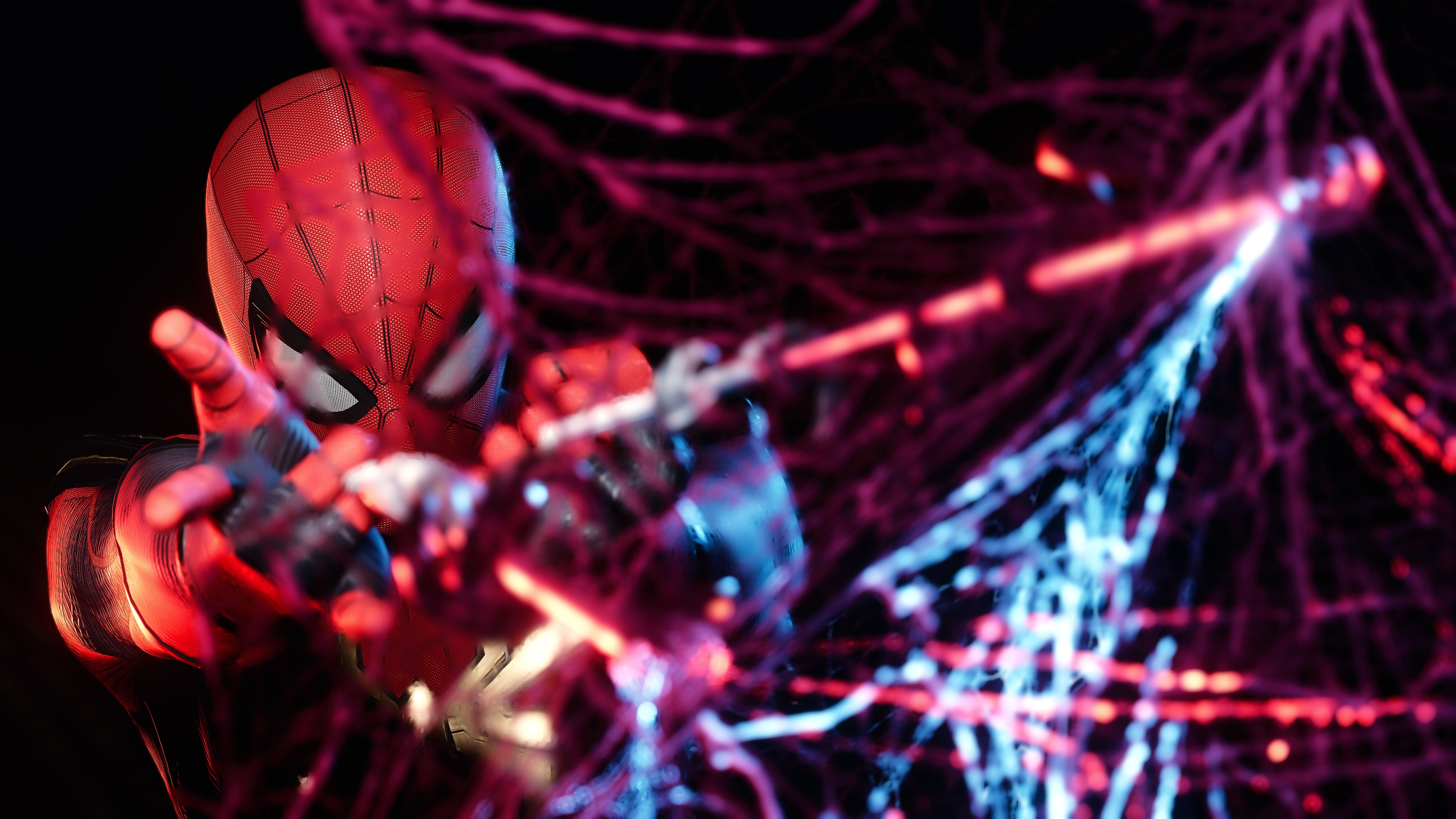 Marvel's Spider-Man shooting webs with neon lights HD Wallpaper