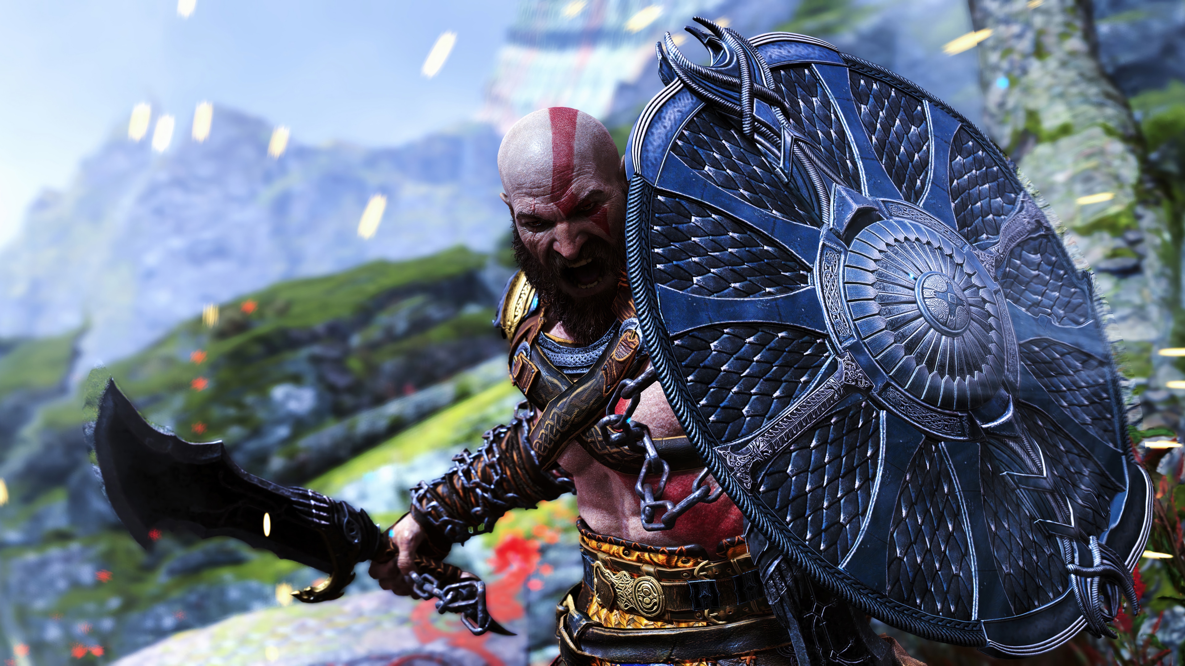 Kratos with Blade and Shield in God of War Ragnarok 4K HD Wallpaper