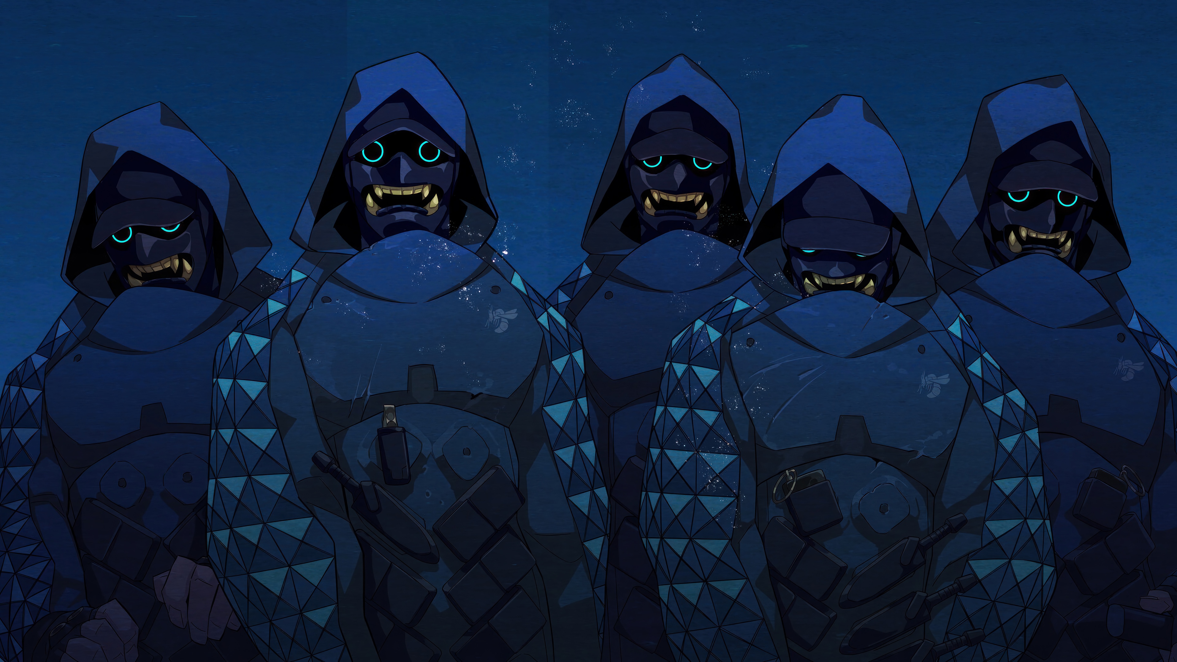 Five ninjas in blue hooded robes with masks HD Wallpaper