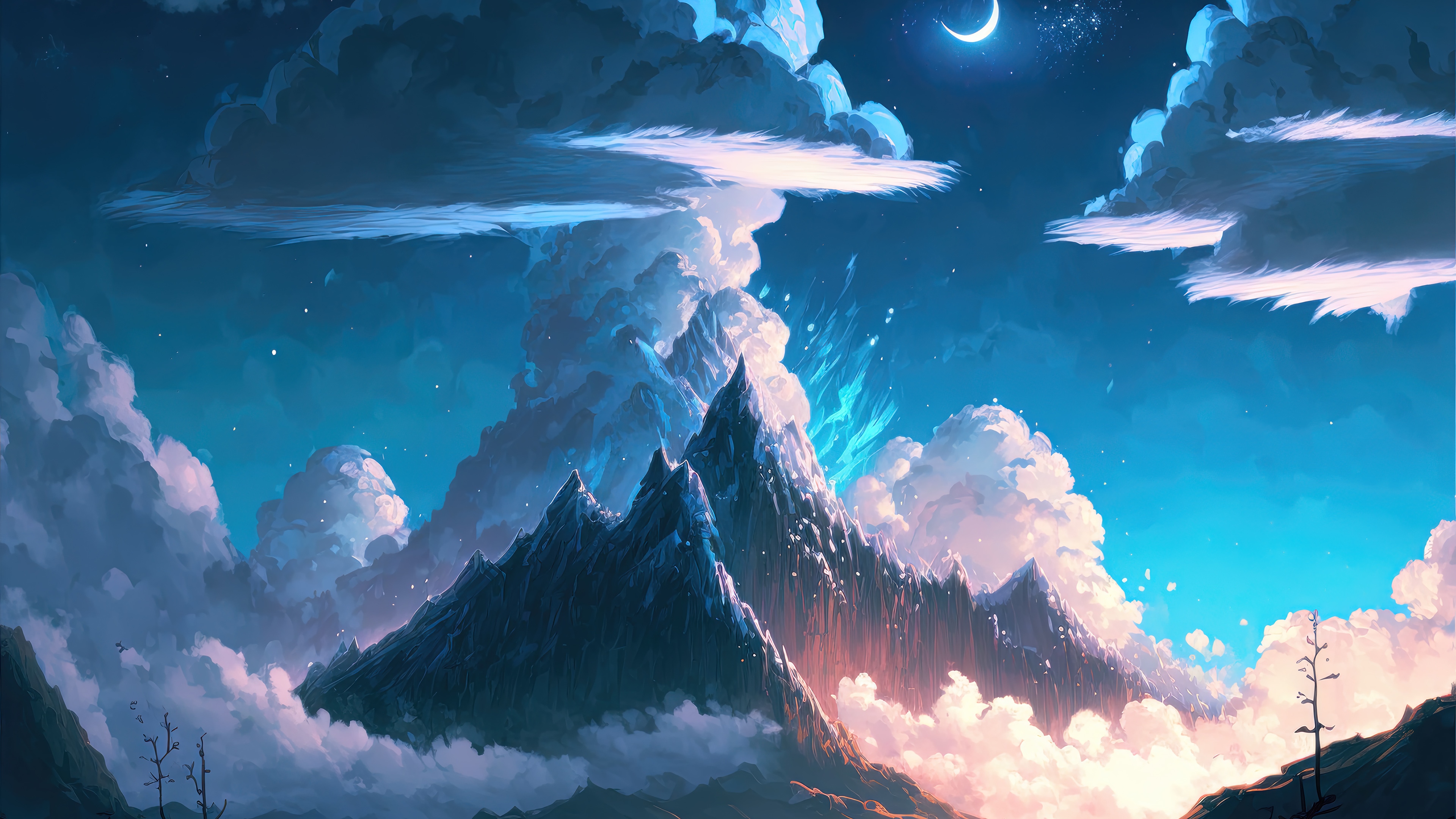 Mountain Scenery with Clouds and Moon 4K HD Wallpaper