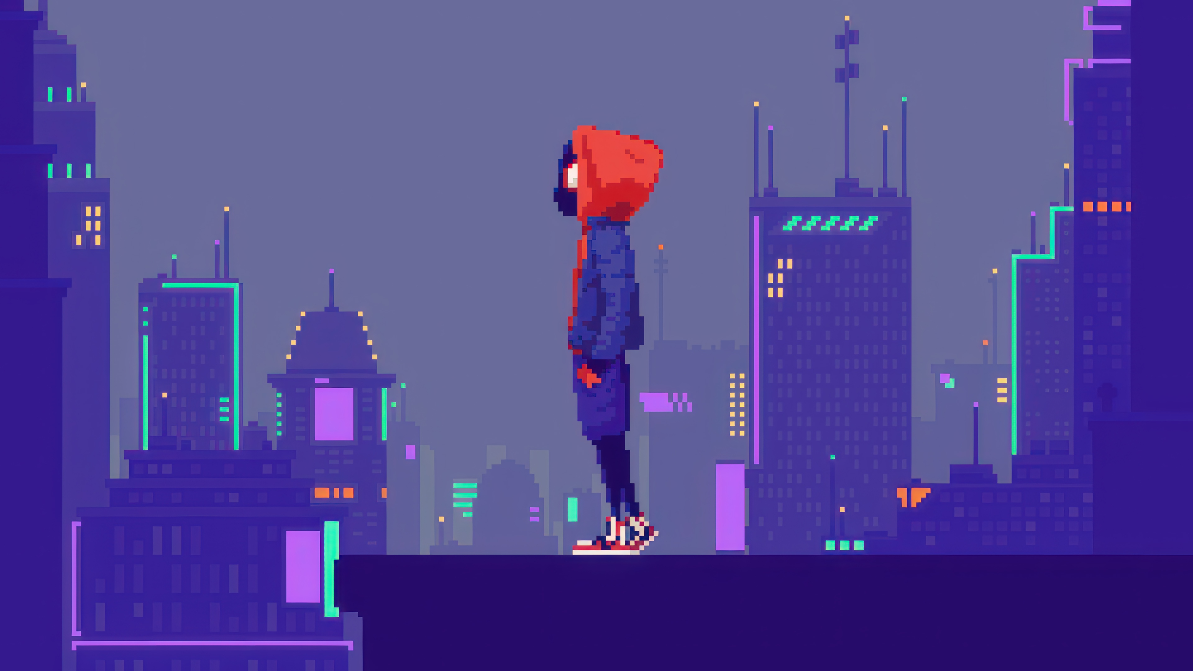 Miles Morales in Pixel Art Cityscape 4K HD Wallpaper