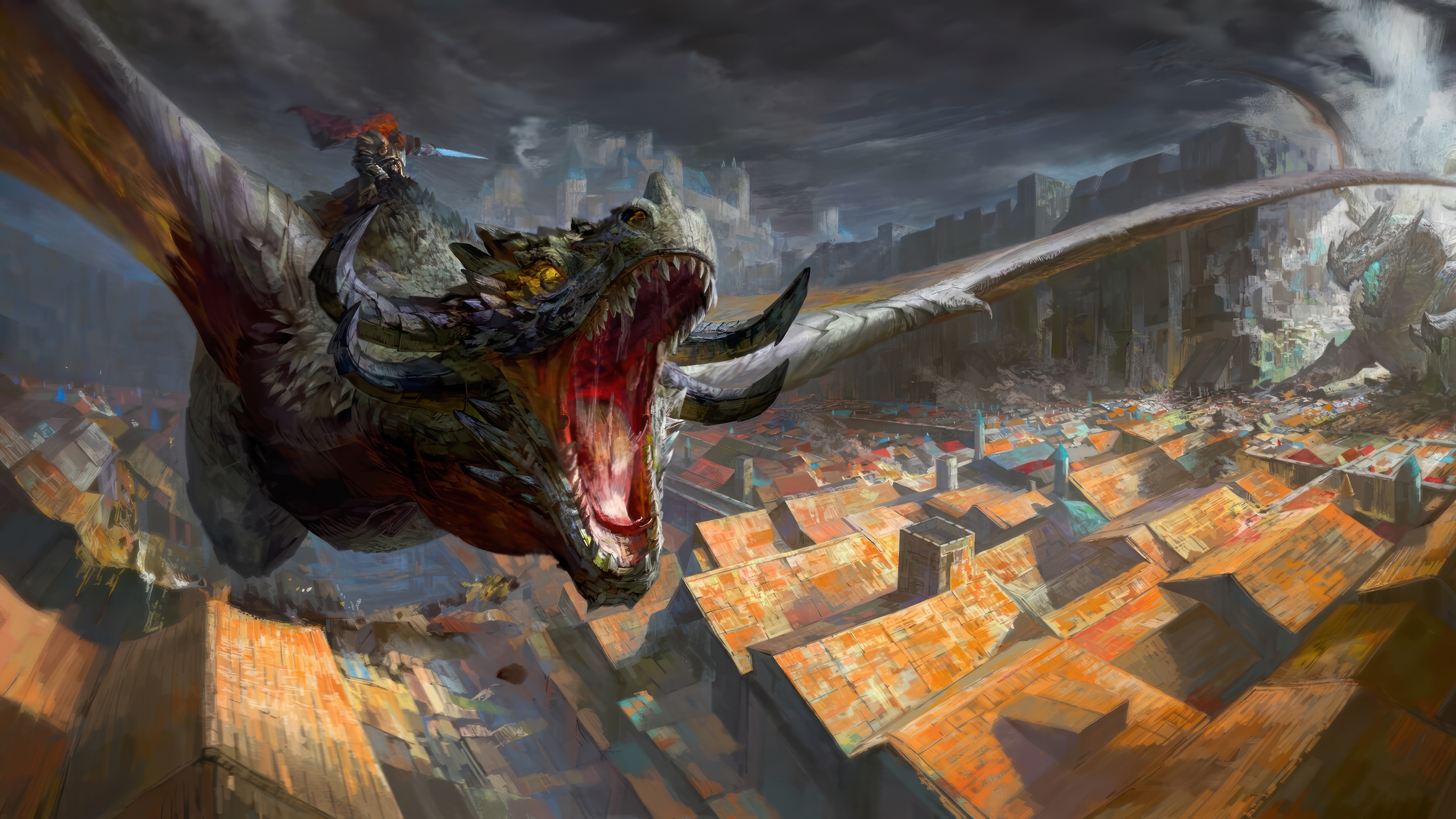 Dragon Rider attacking a city in 4K HD Wallpaper