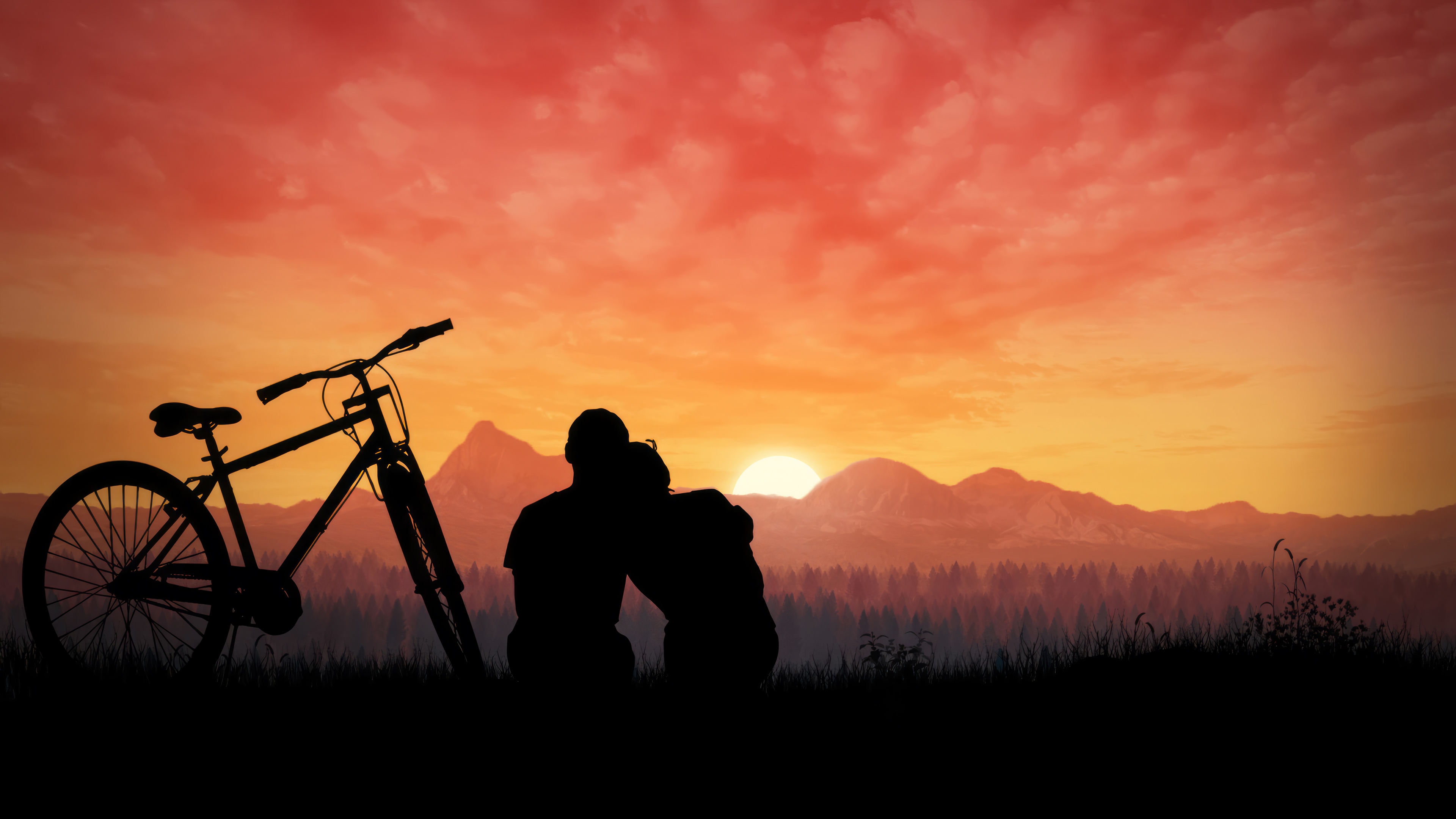 Couple and bicycle silhouette at sunset 4K HD Wallpaper