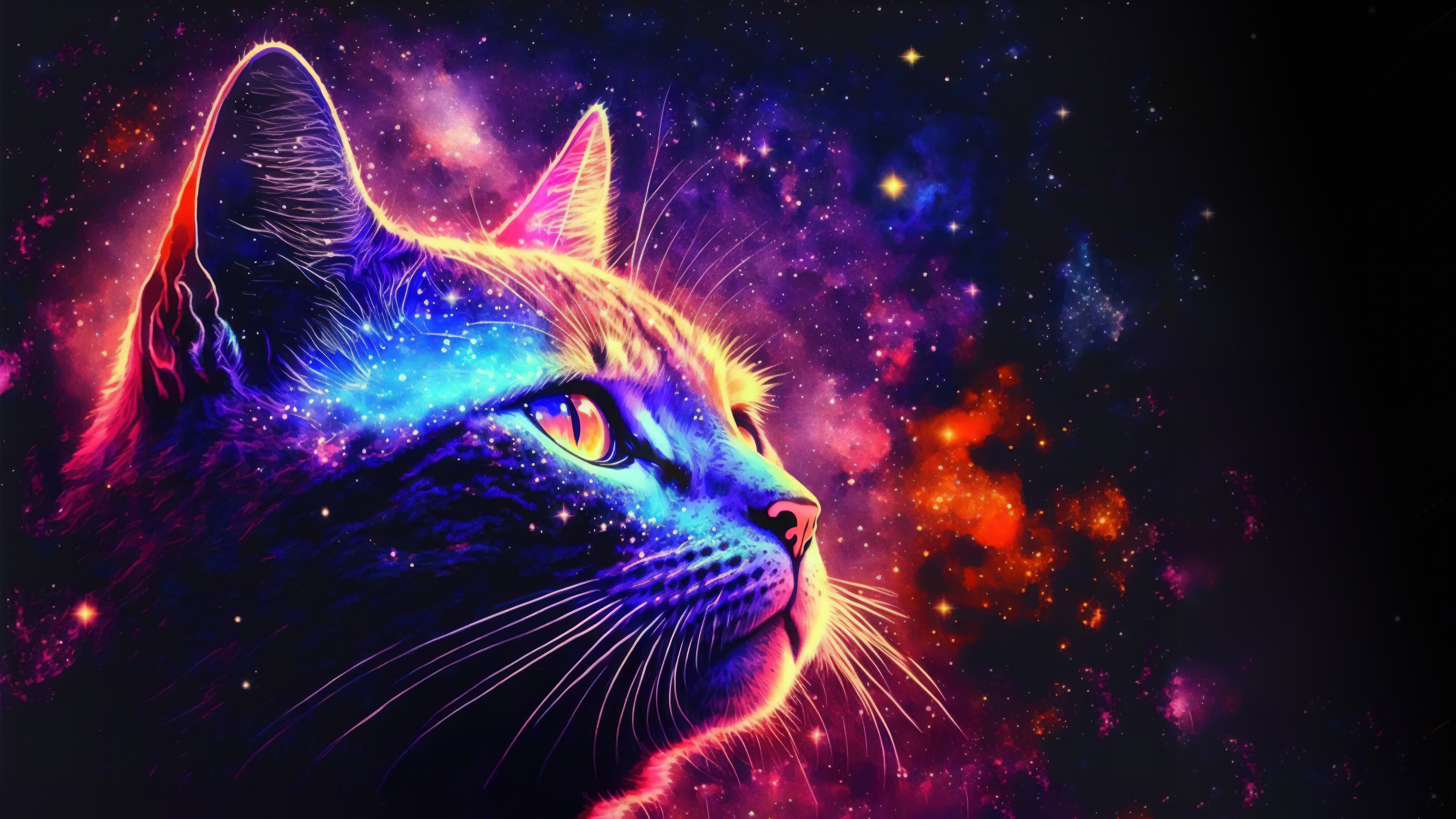 Colorful Cat in Space Digital Art 4K HD Wallpaper