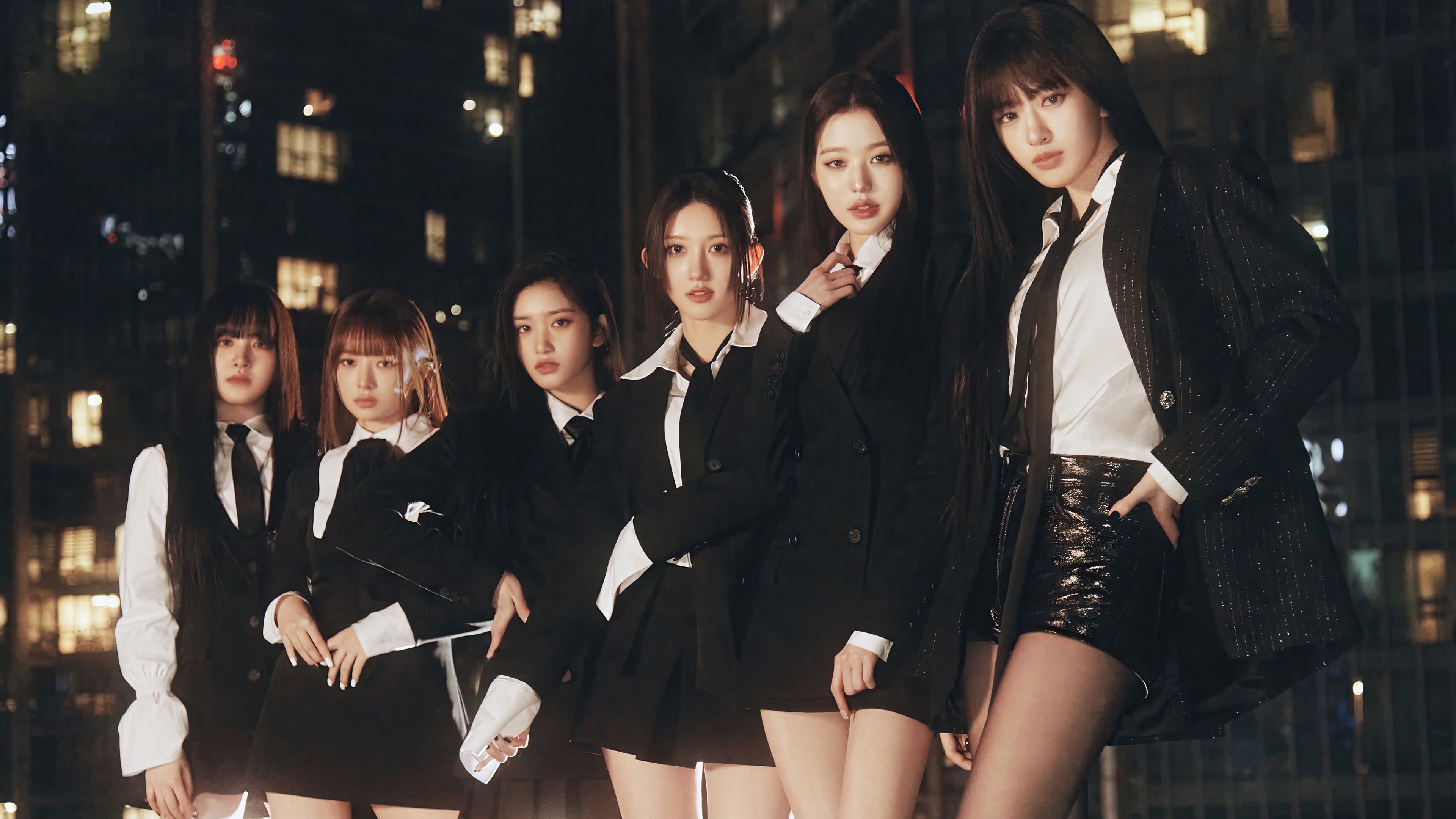IVE members in black suits at night HD Wallpaper