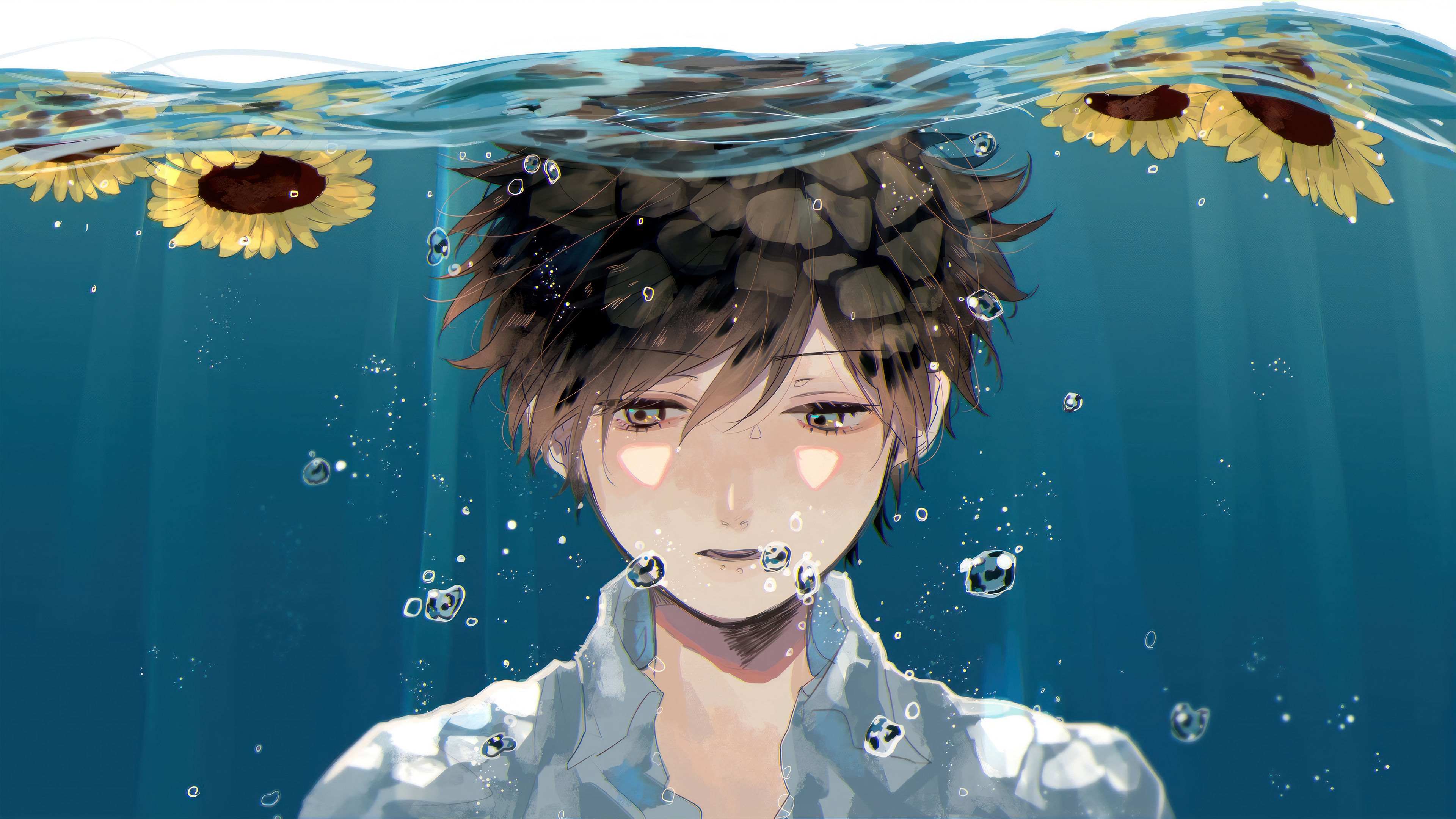 Anime boy underwater with sunflowers 4K HD Wallpaper