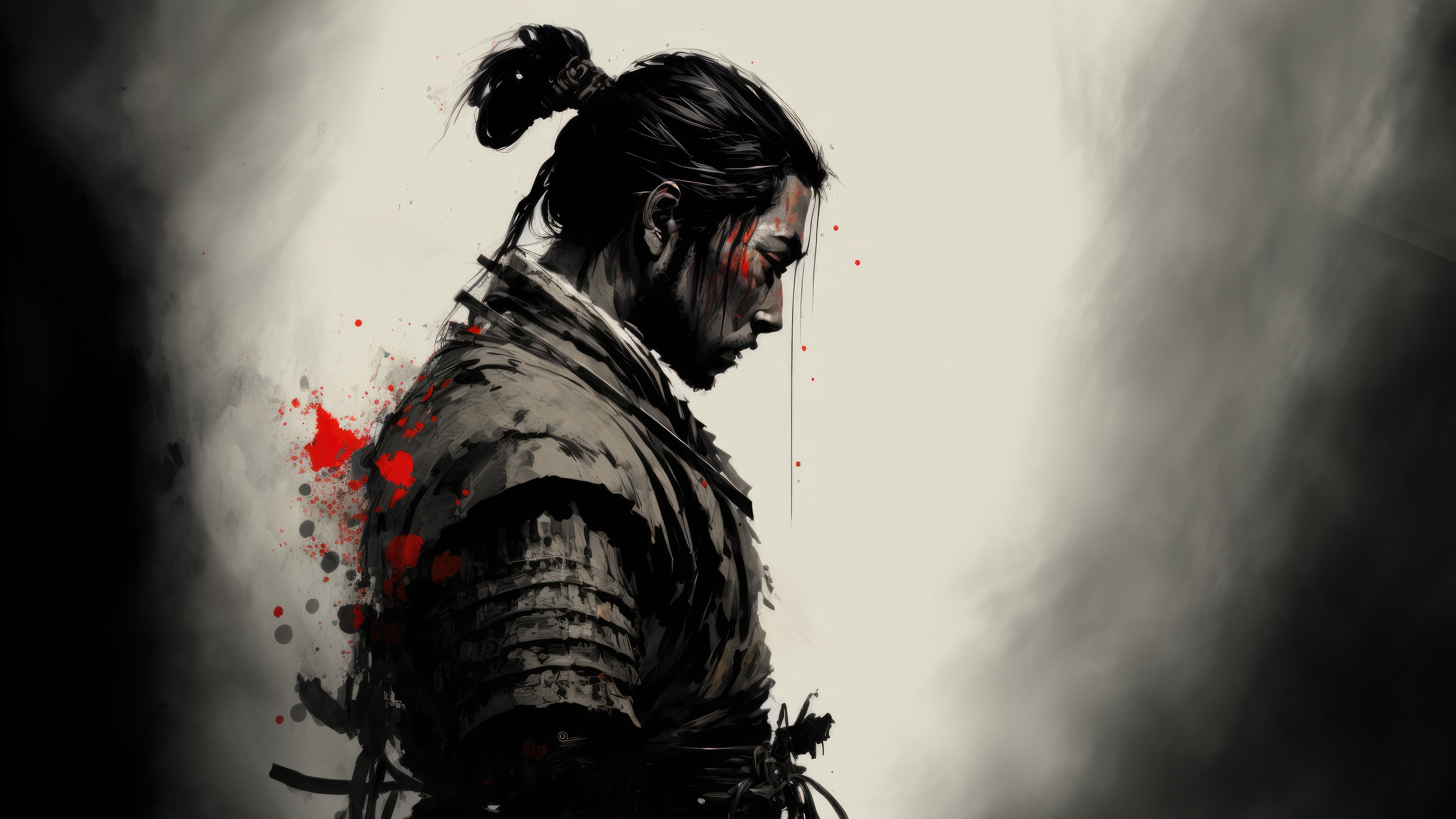 Samurai with red markings on face and armor HD Wallpaper