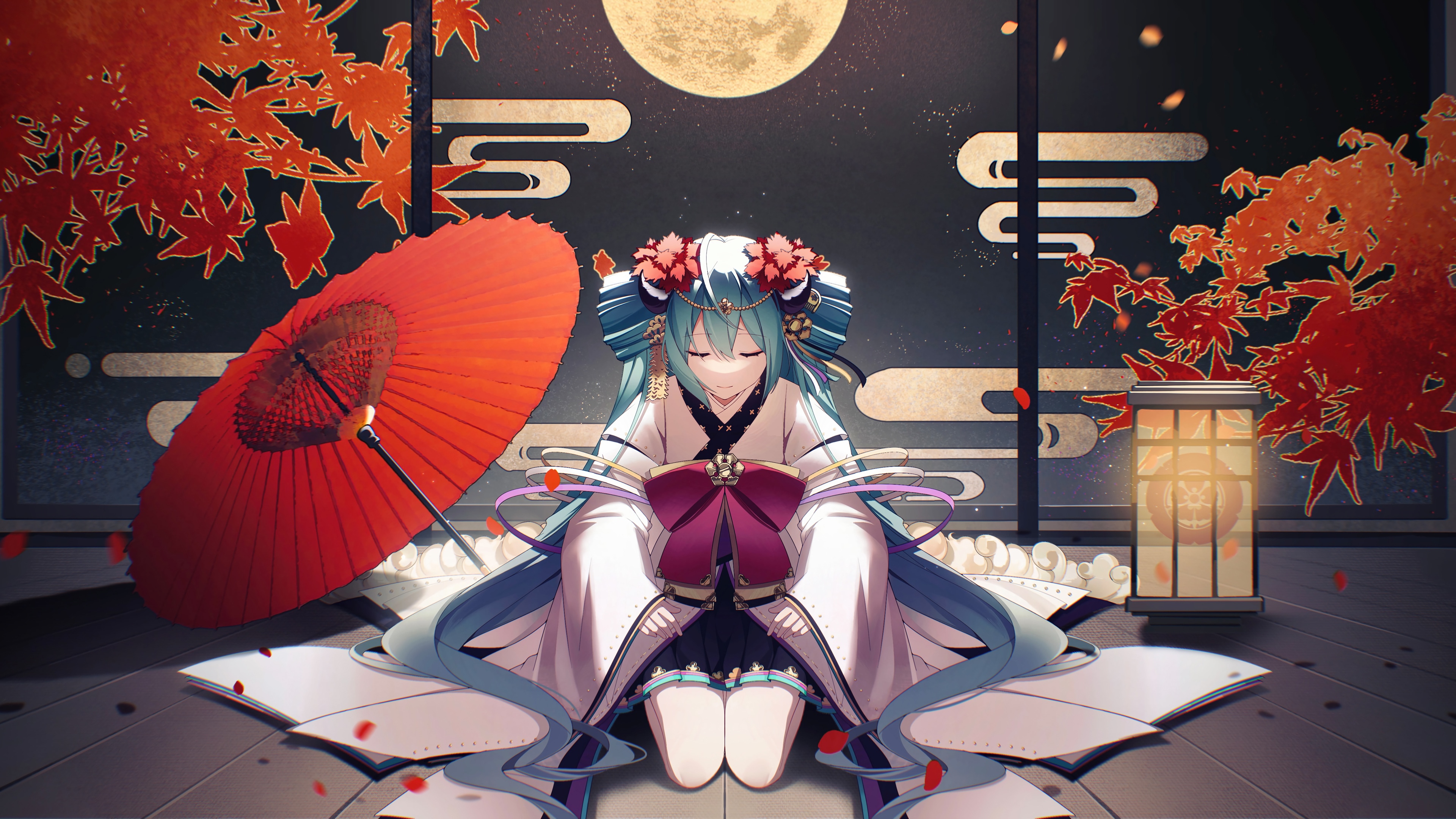Hatsune Miku in Kimono with Red Umbrella and Moon HD Wallpaper