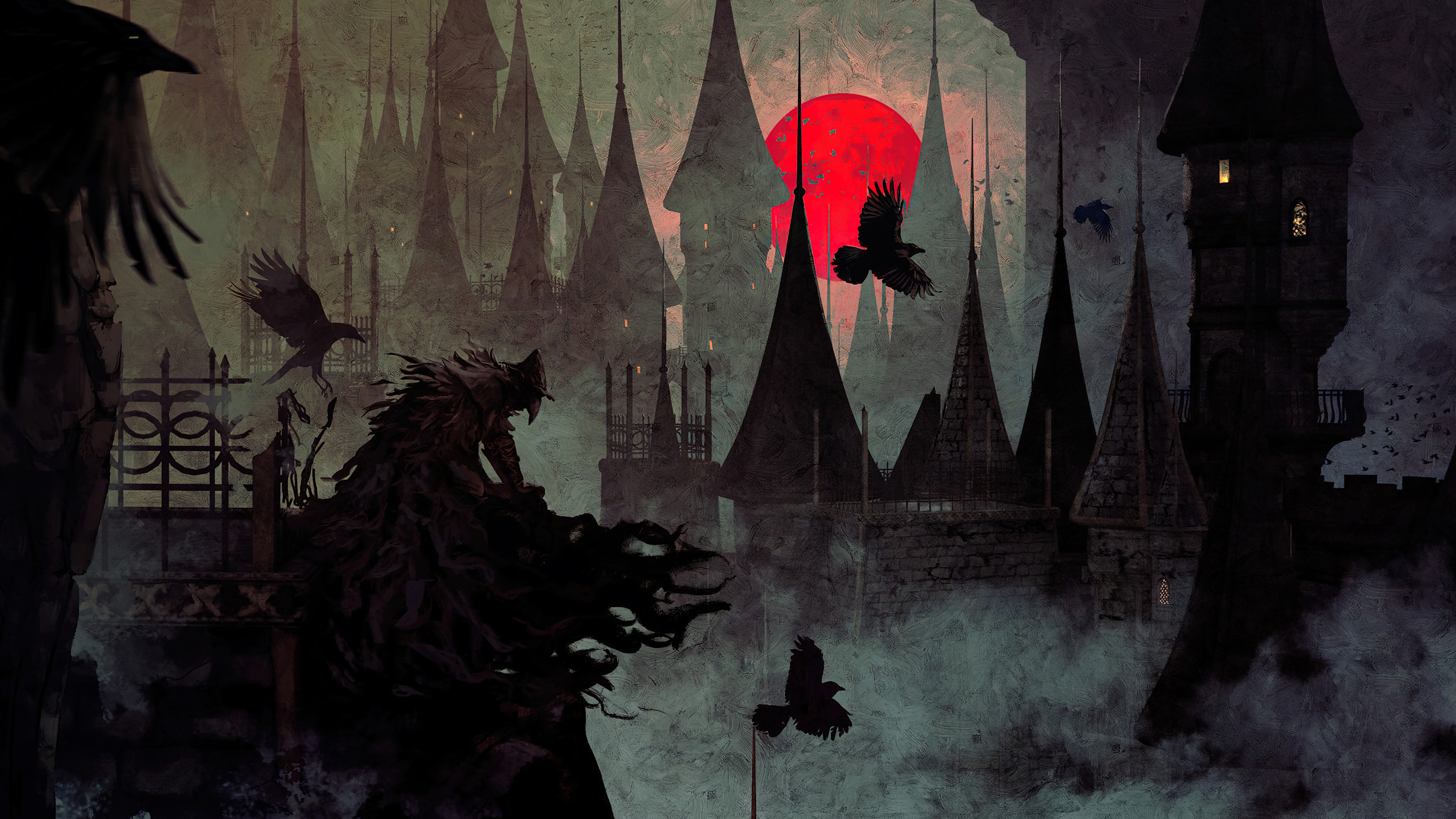 Bloodborne 4K: A dark figure and crows in a gothic city HD Wallpaper