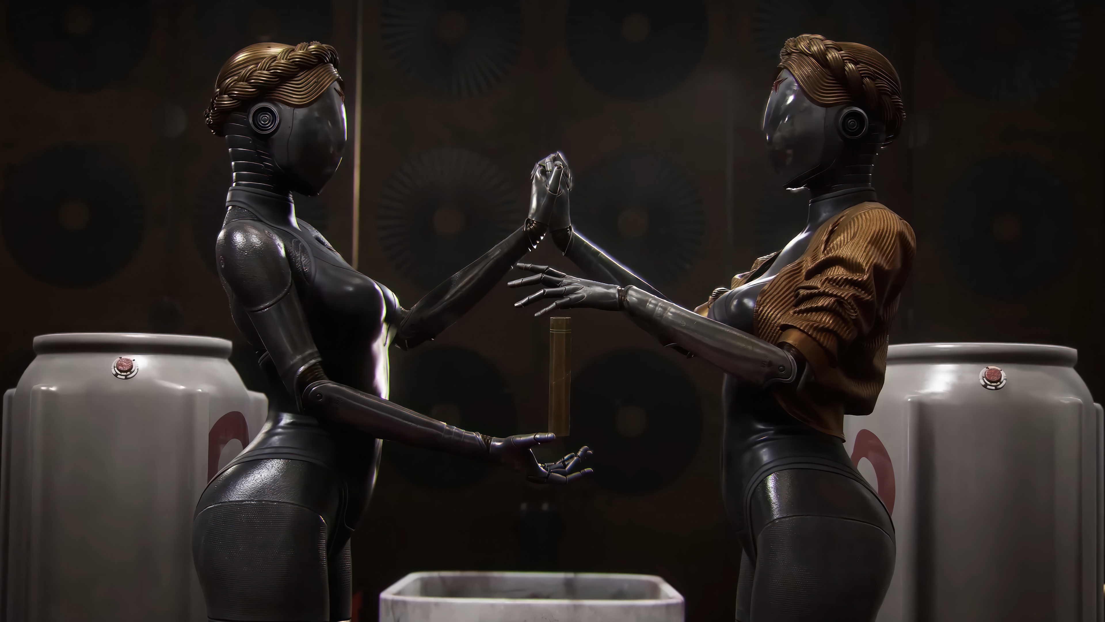 Atomic Heart robots reaching for an object HD Wallpaper
