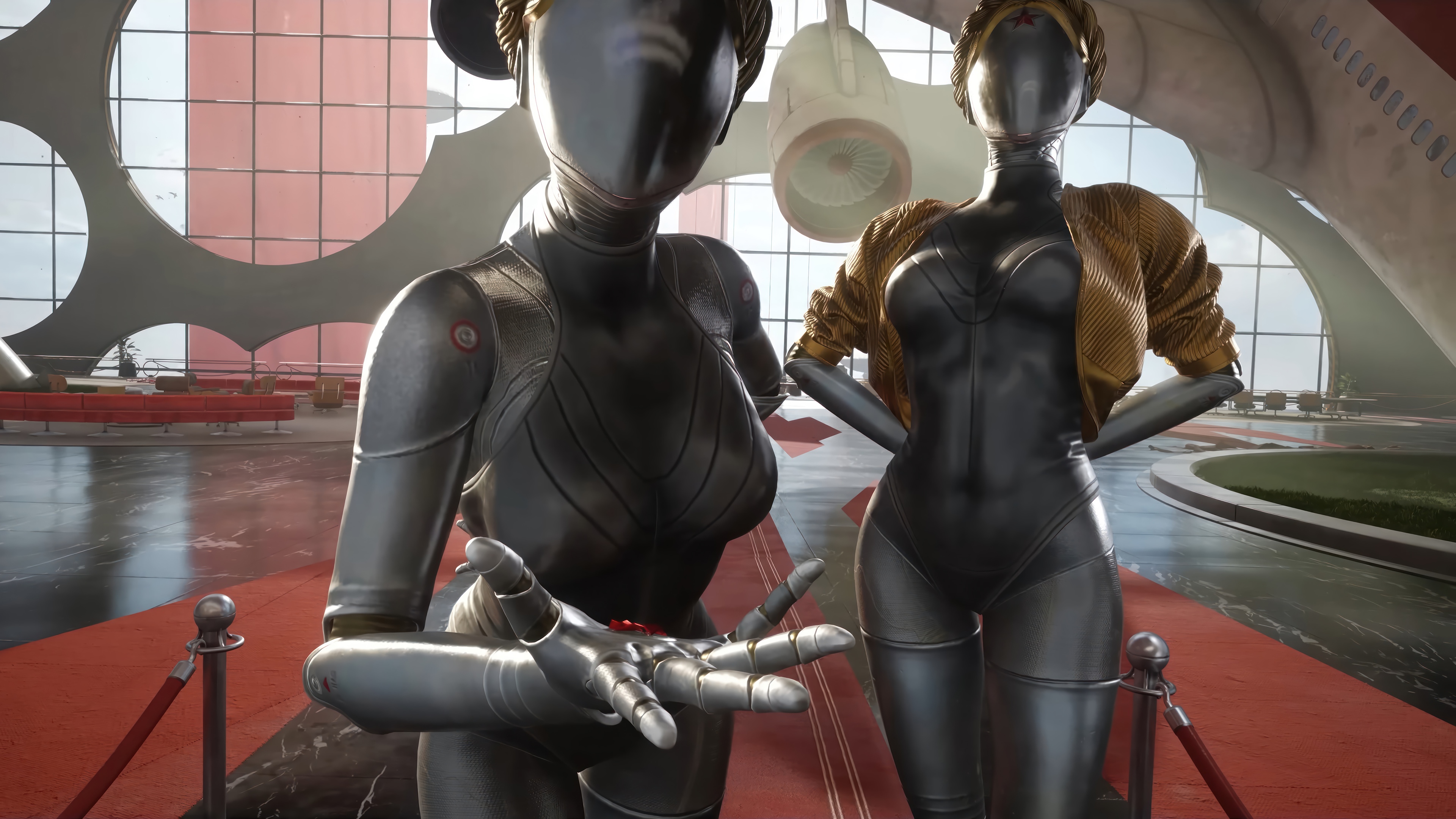 Atomic Heart robots in a futuristic hall HD Wallpaper