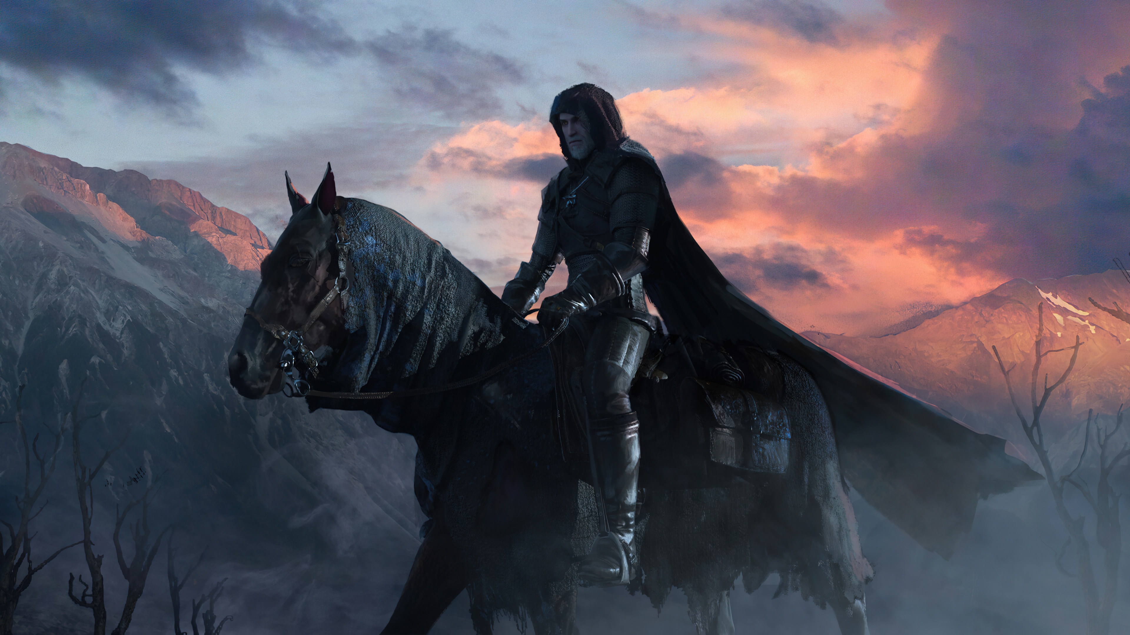 Geralt of Rivia on horseback in a mountain landscape HD Wallpaper