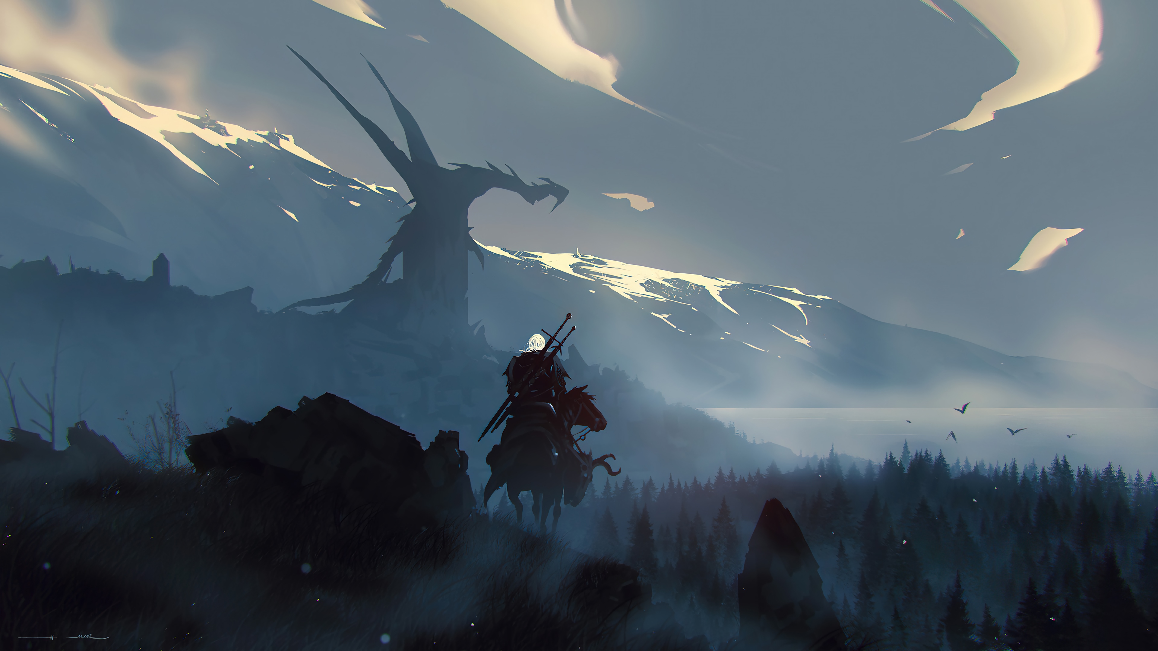 The Witcher 4K: Geralt faces a dragon HD Wallpaper