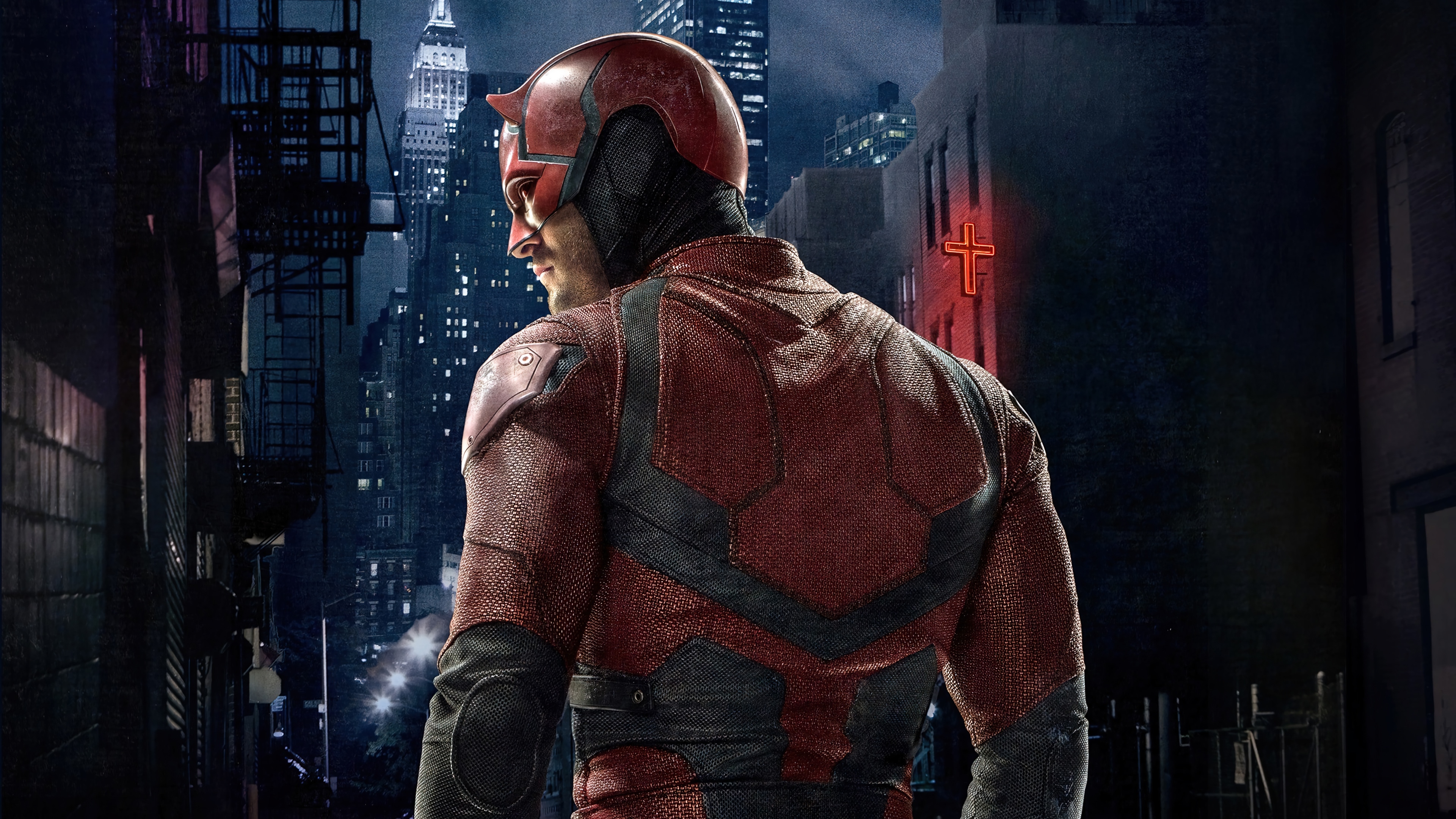 Daredevil in a dark city alleyway 4K HD Wallpaper