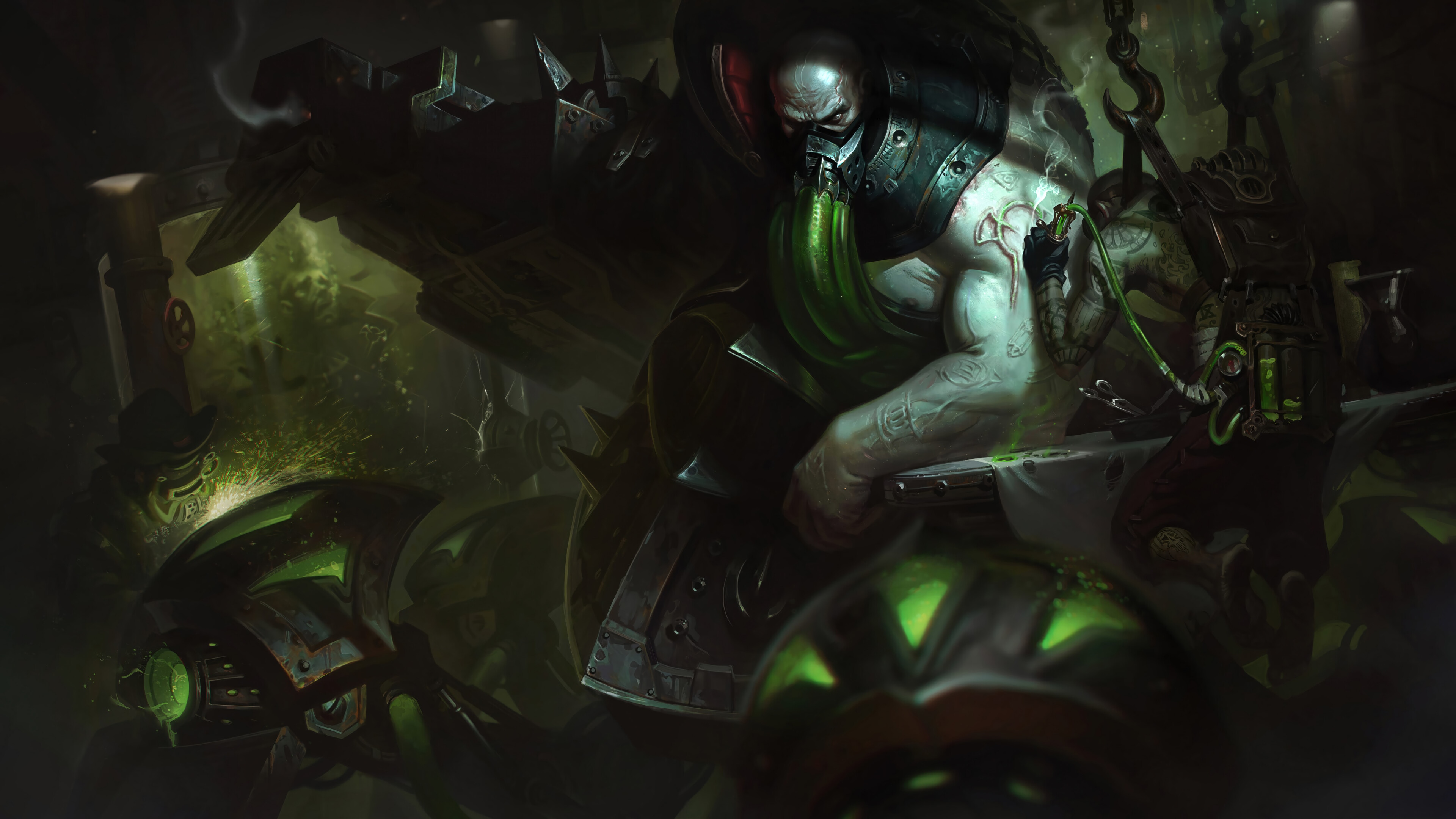 Urgot in a dark laboratory setting HD Wallpaper