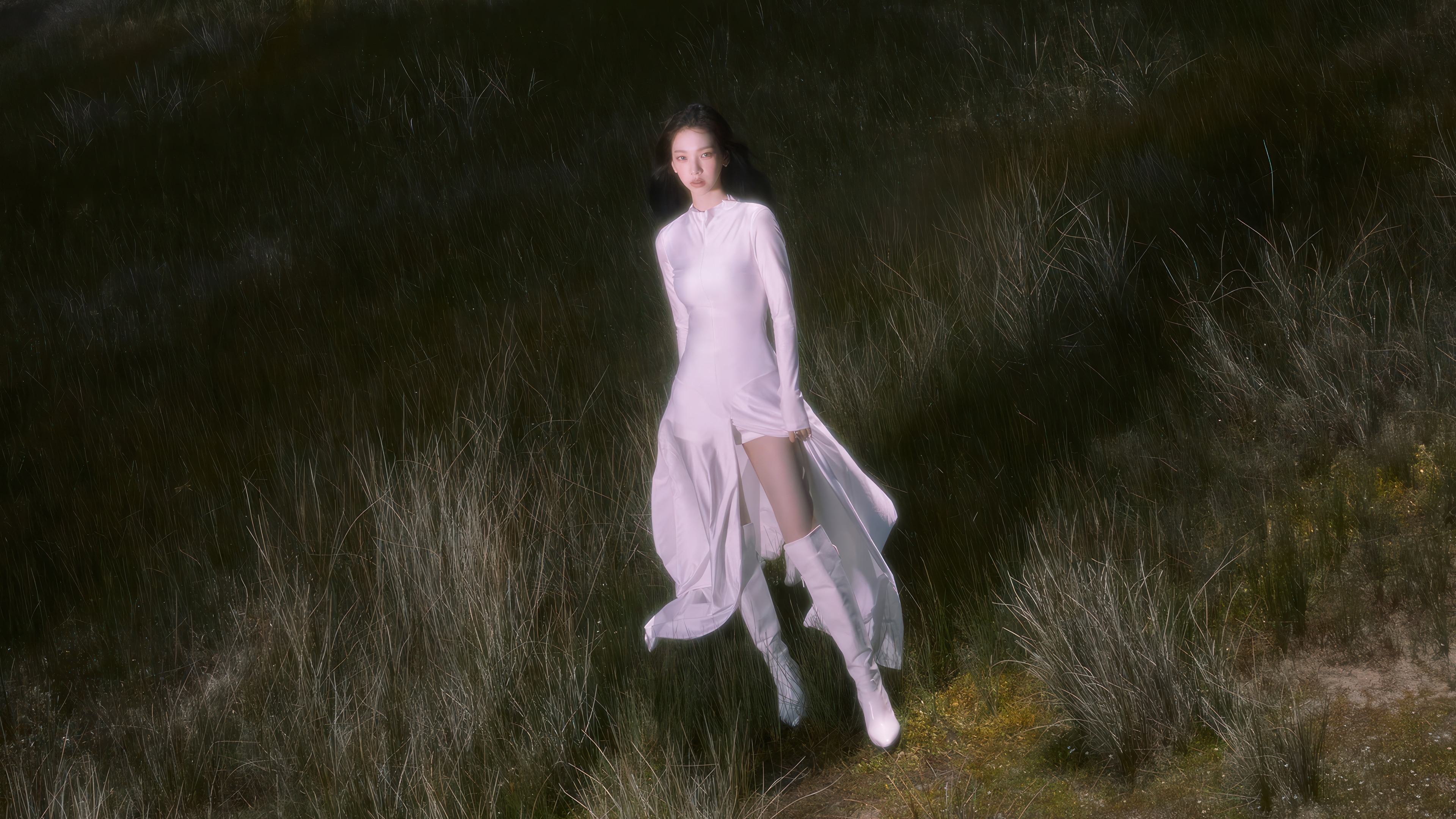 Karina from Aespa in a white dress in tall grass HD Wallpaper