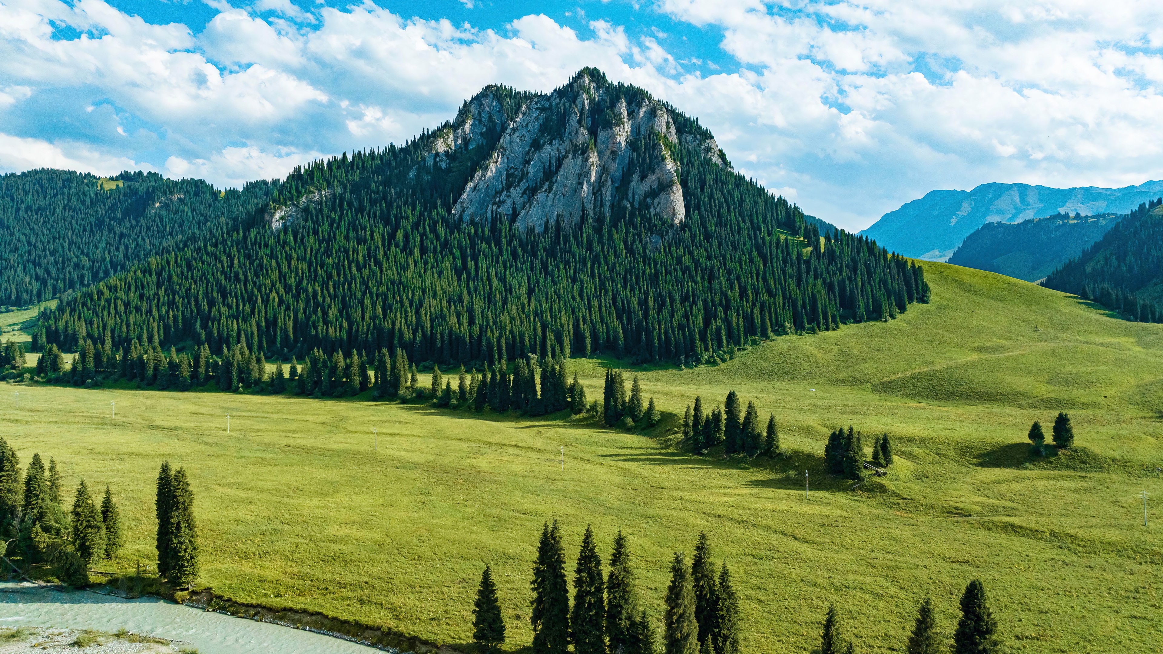 Mountain forest scenery with green fields and blue sky HD Wallpaper