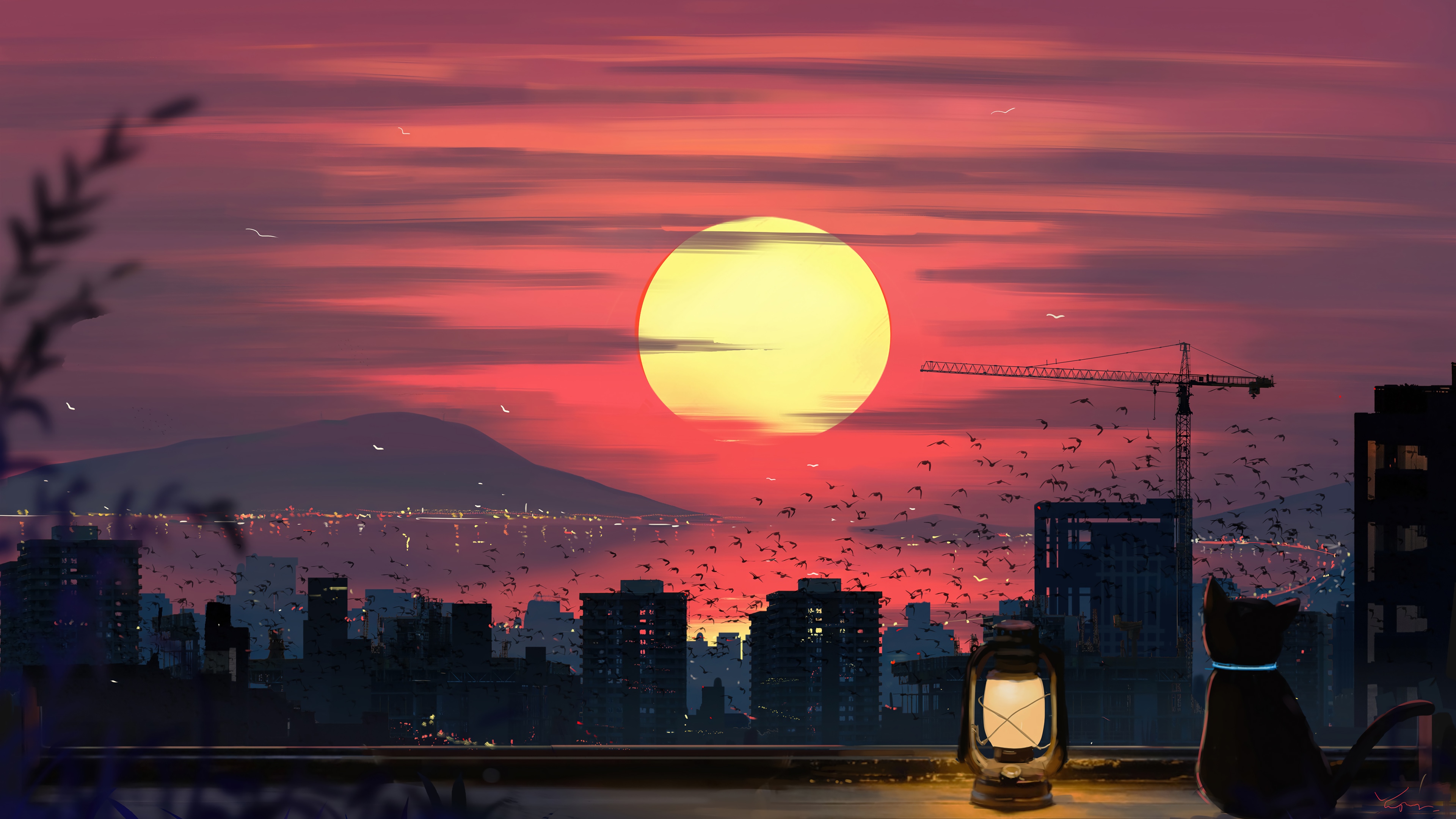 Anime Cat Watches Sunset Over Cityscape 4K HD Wallpaper