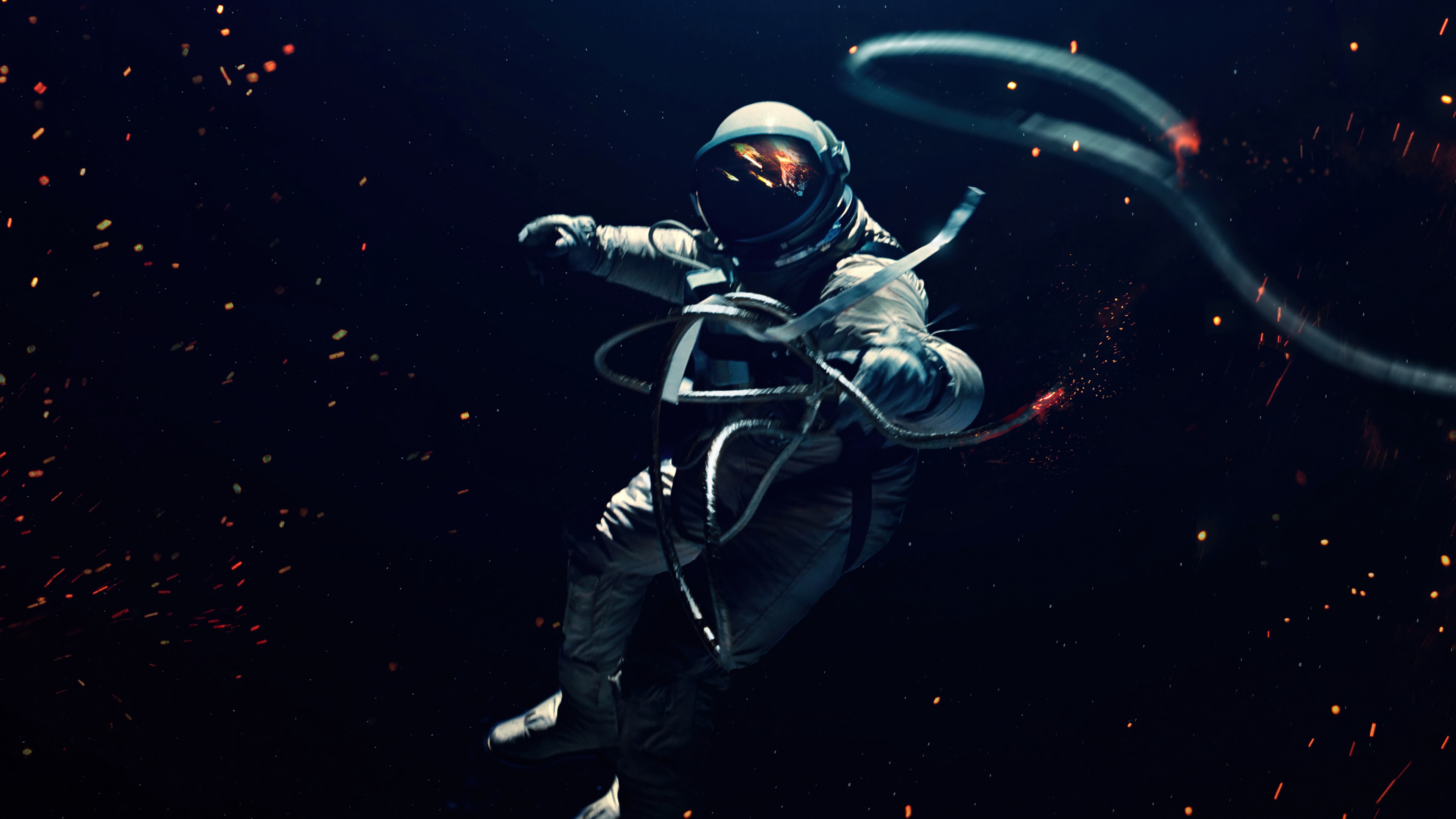 Astronaut floating in space with debris HD Wallpaper