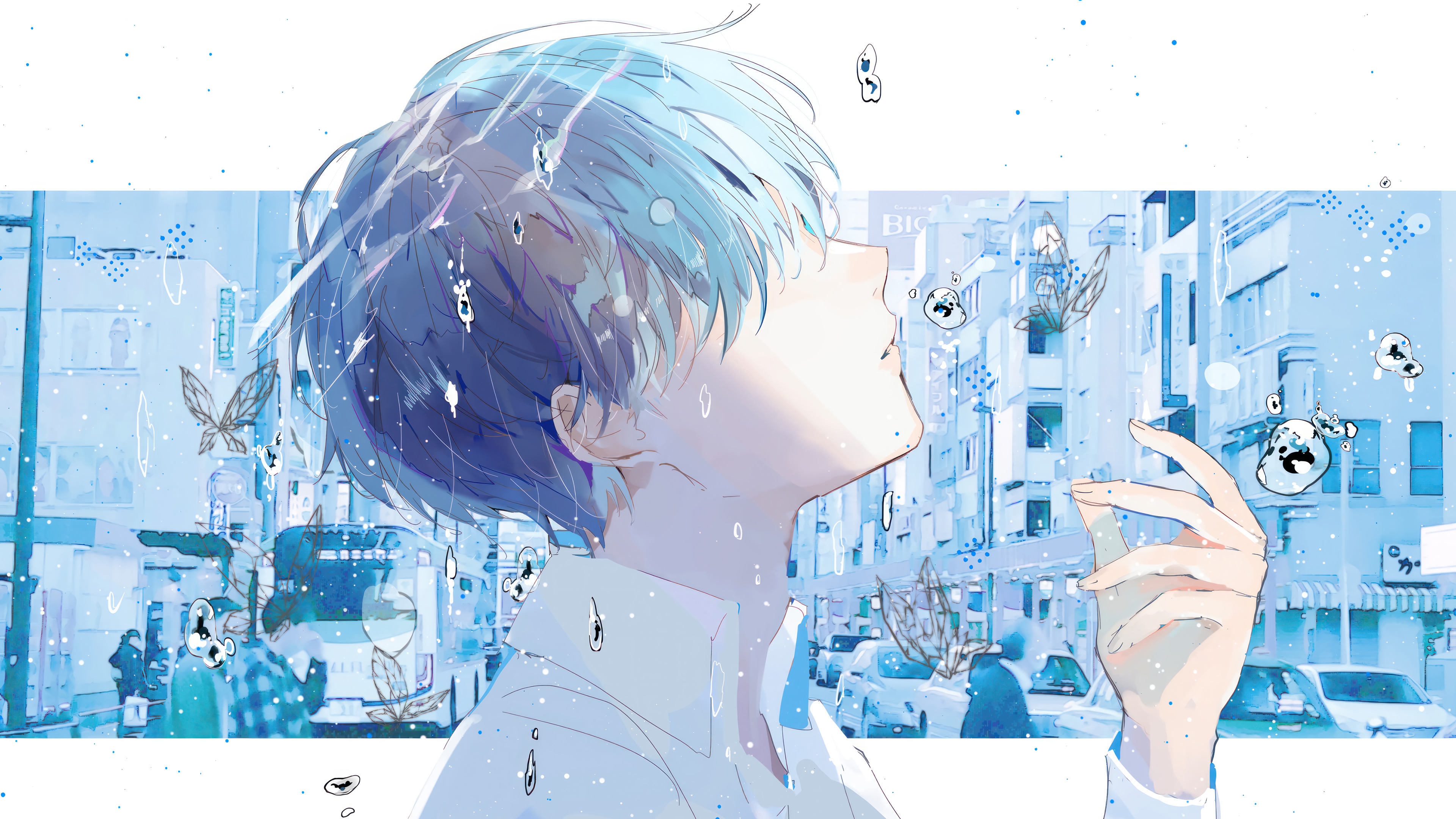 Anime Boy in a Rainy City 4K HD Wallpaper