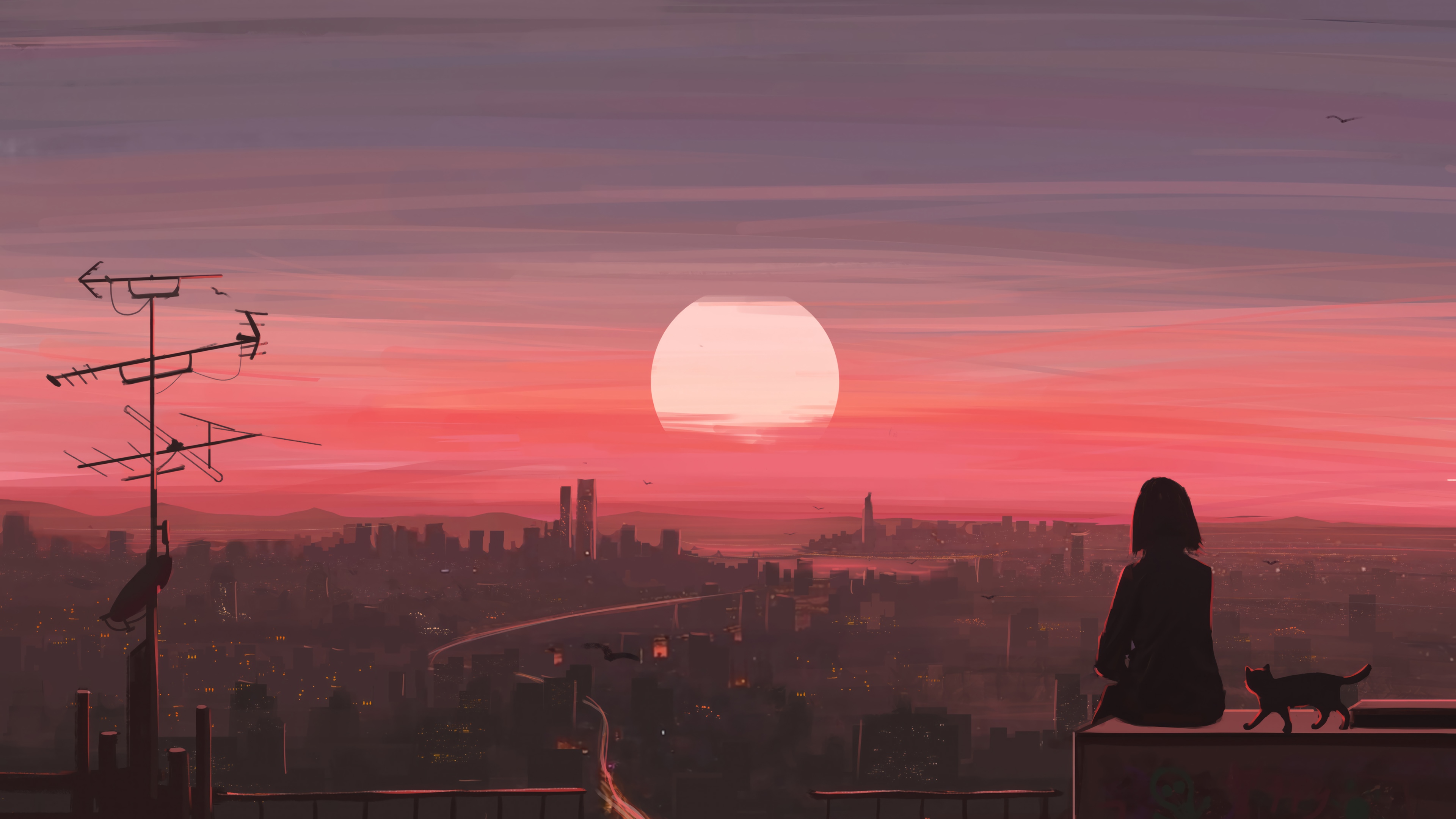 Anime girl and cat watch sunset over city 4K HD Wallpaper