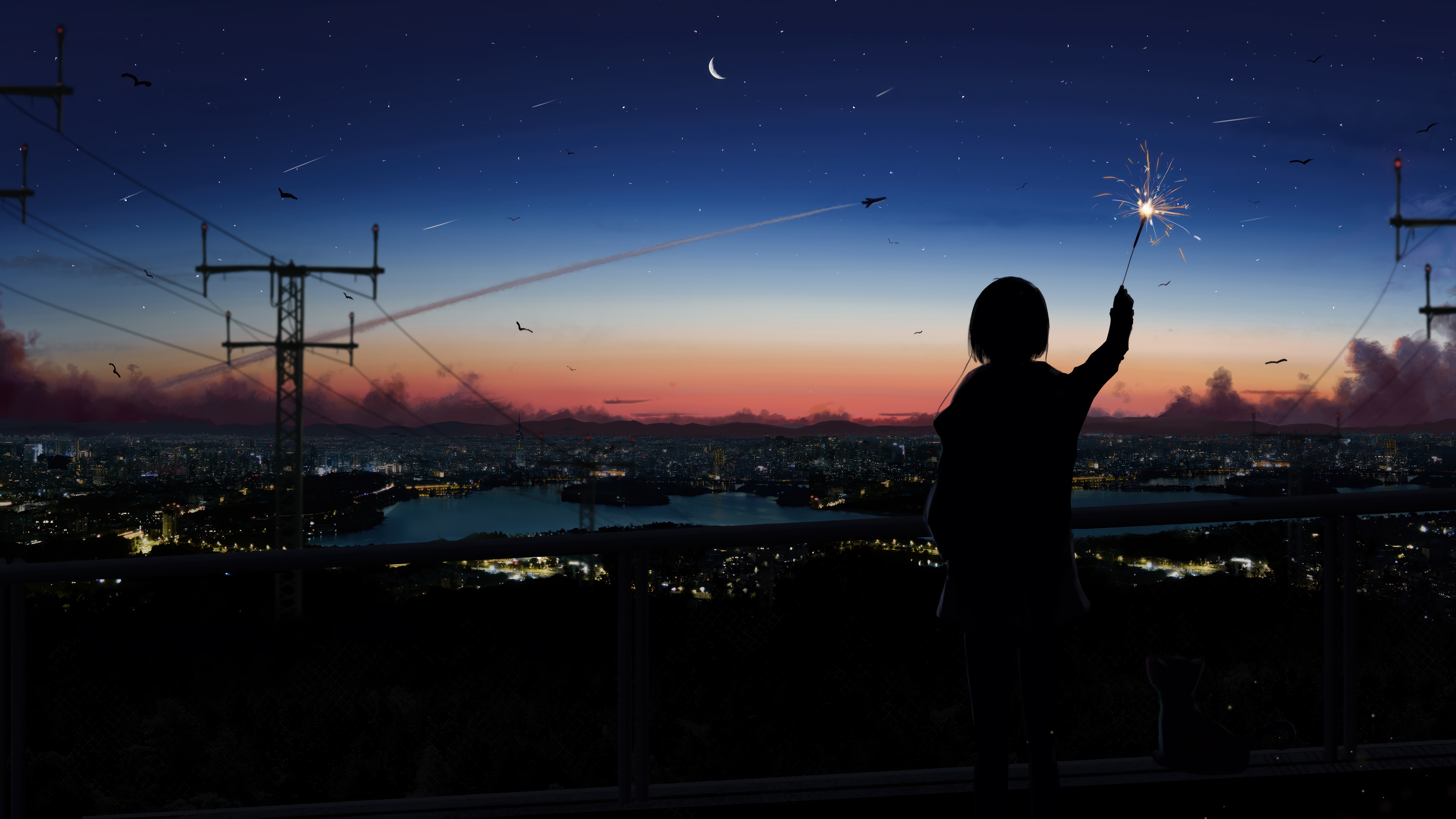 Anime girl with firework at sunset over city HD Wallpaper