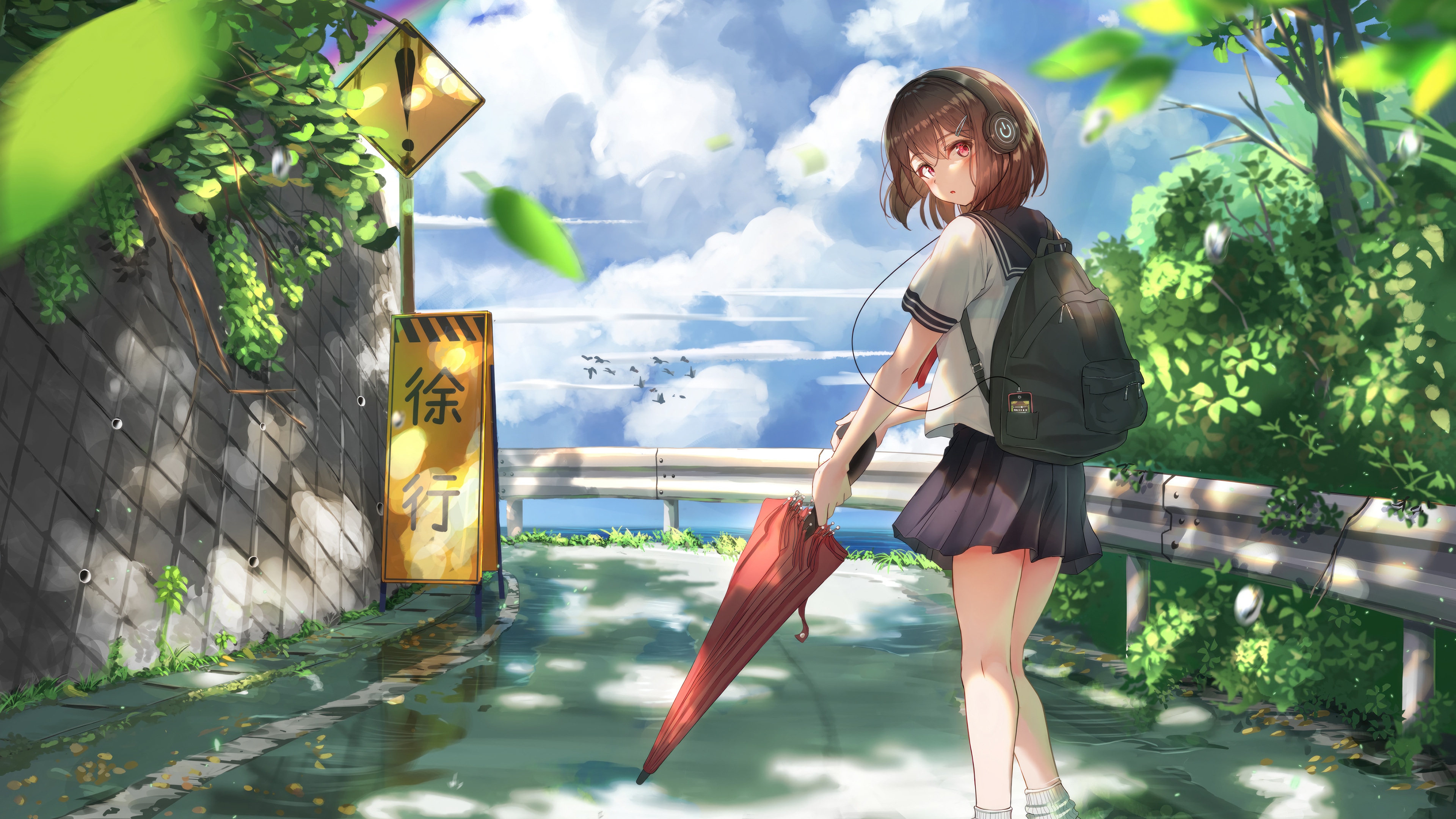 Anime Girl with Headphones and Umbrella HD Wallpaper