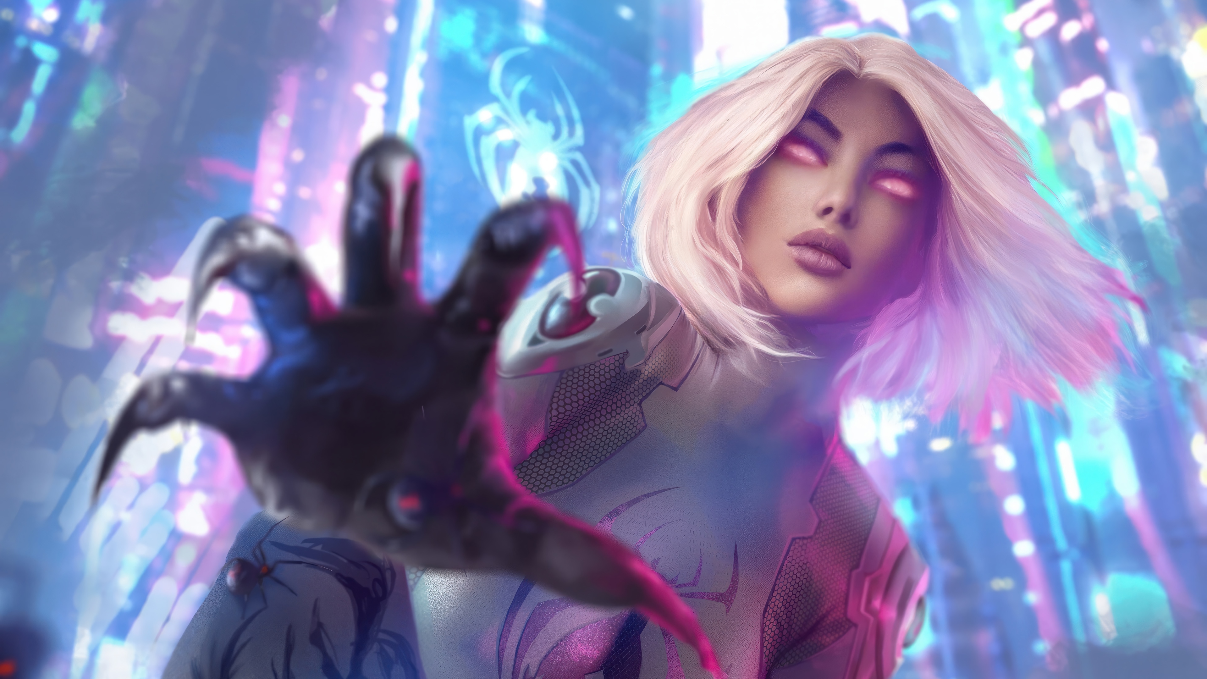 White Widow in a neon city, 4K HD Wallpaper