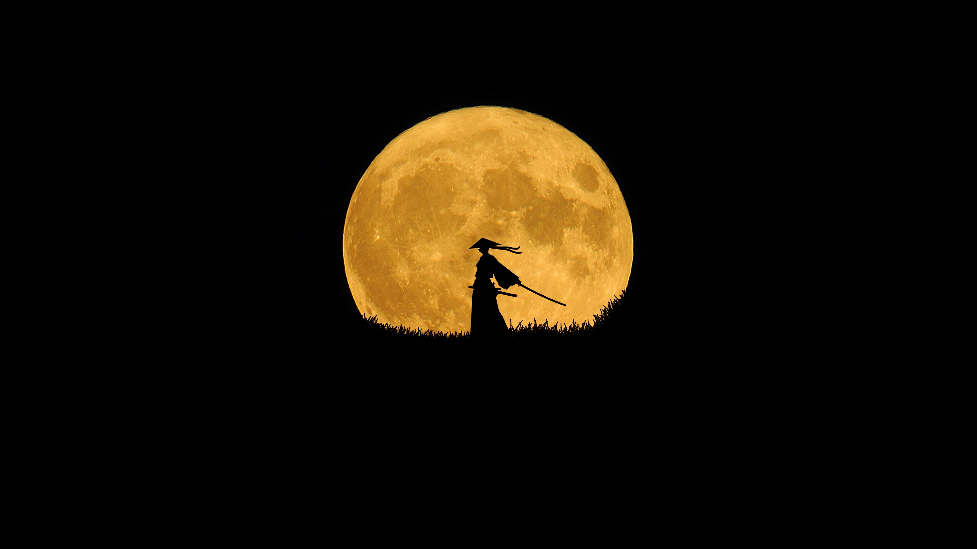 Samurai Silhouette Against a Full Moon HD Wallpaper