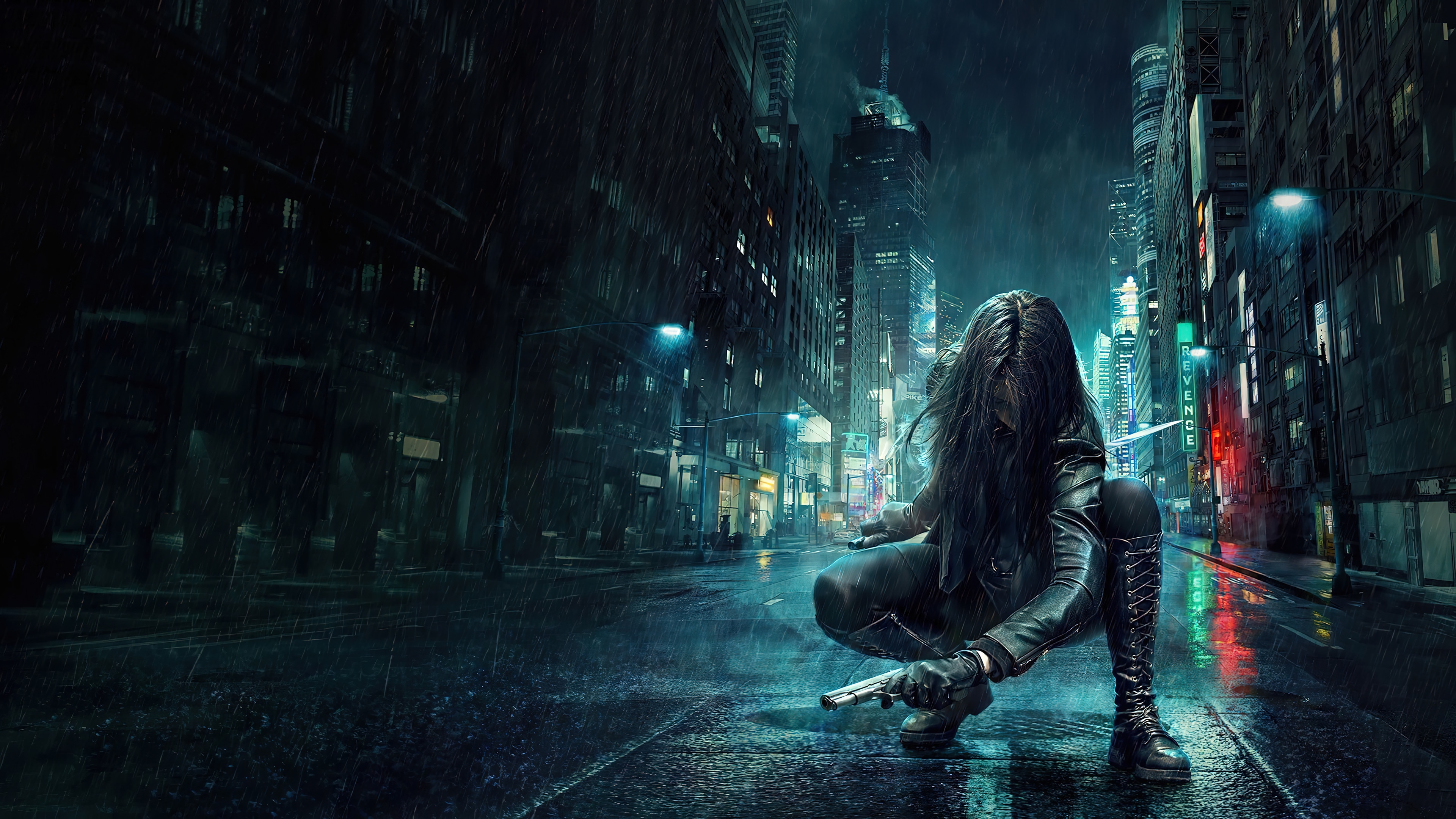 Assassin Girl with Gun in Rainy City 4K HD Wallpaper