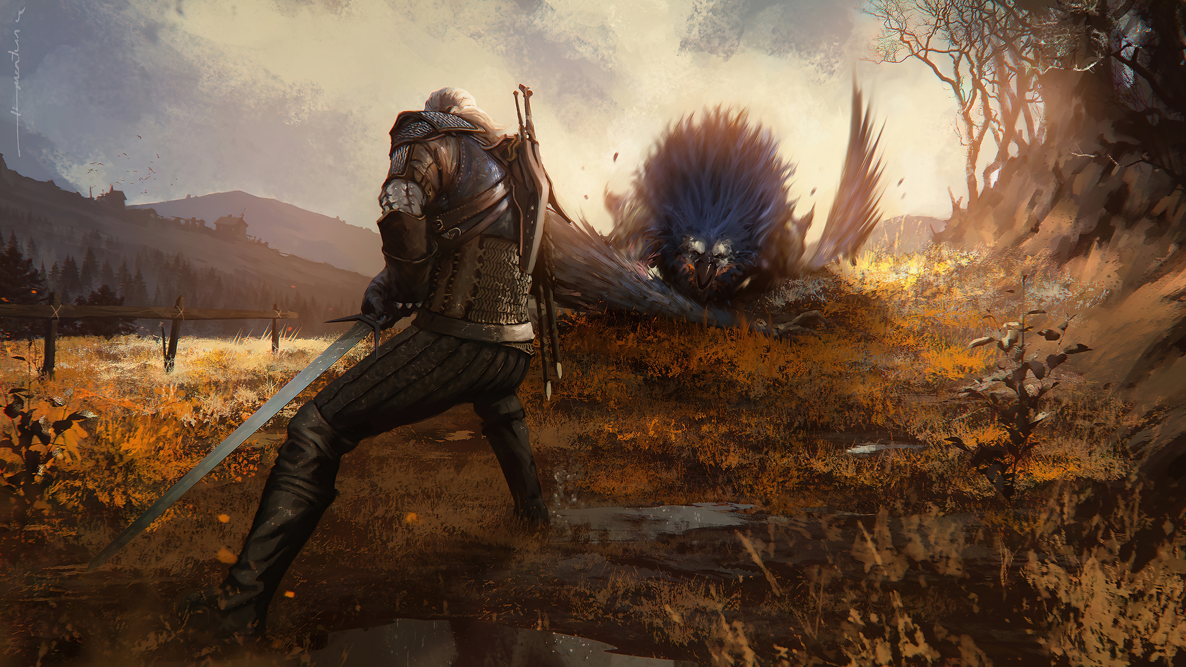 Geralt of Rivia fighting a monster in The Witcher 3 HD Wallpaper