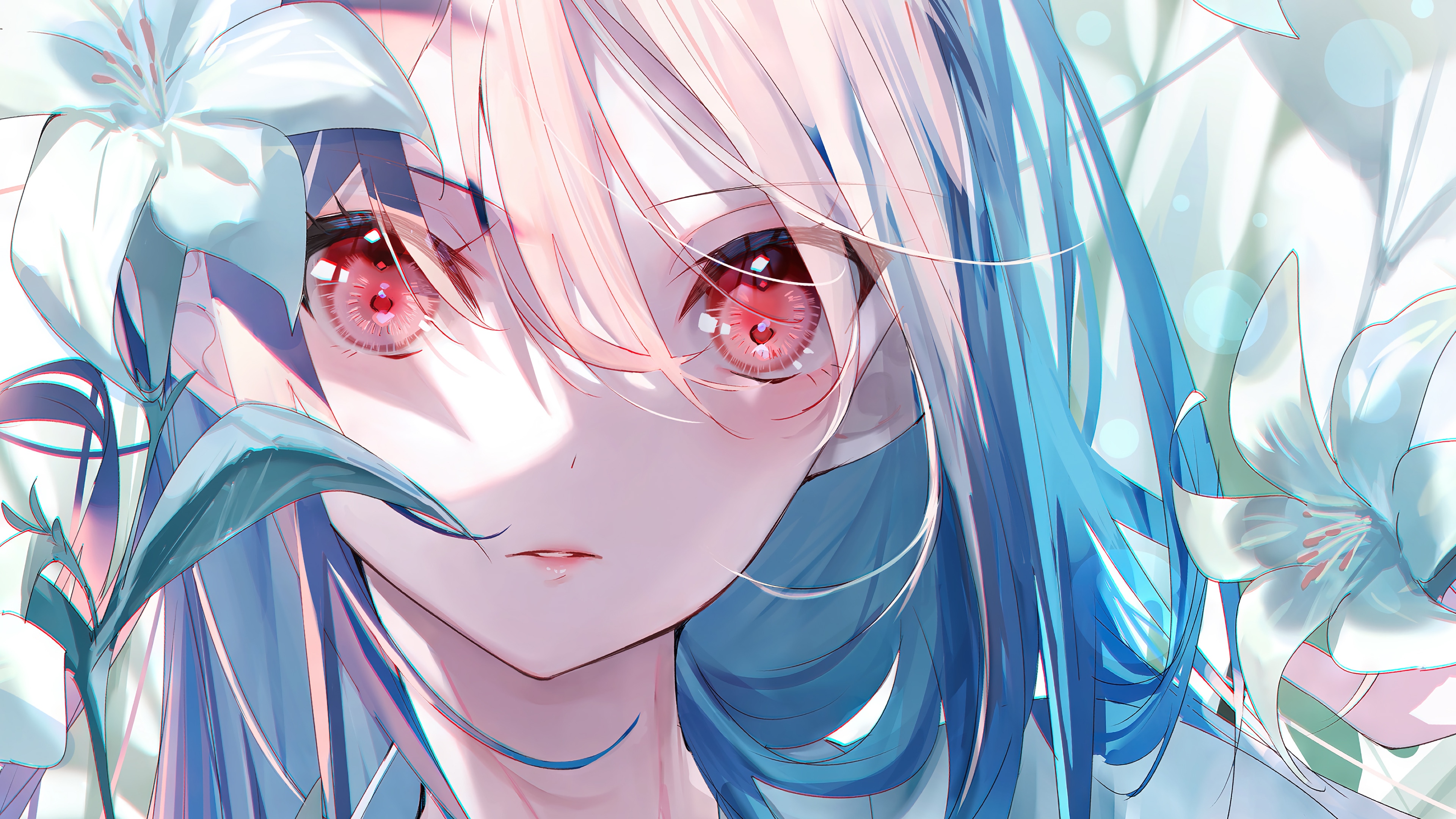 Anime Girl with Red Eyes and Blue Hair HD Wallpaper