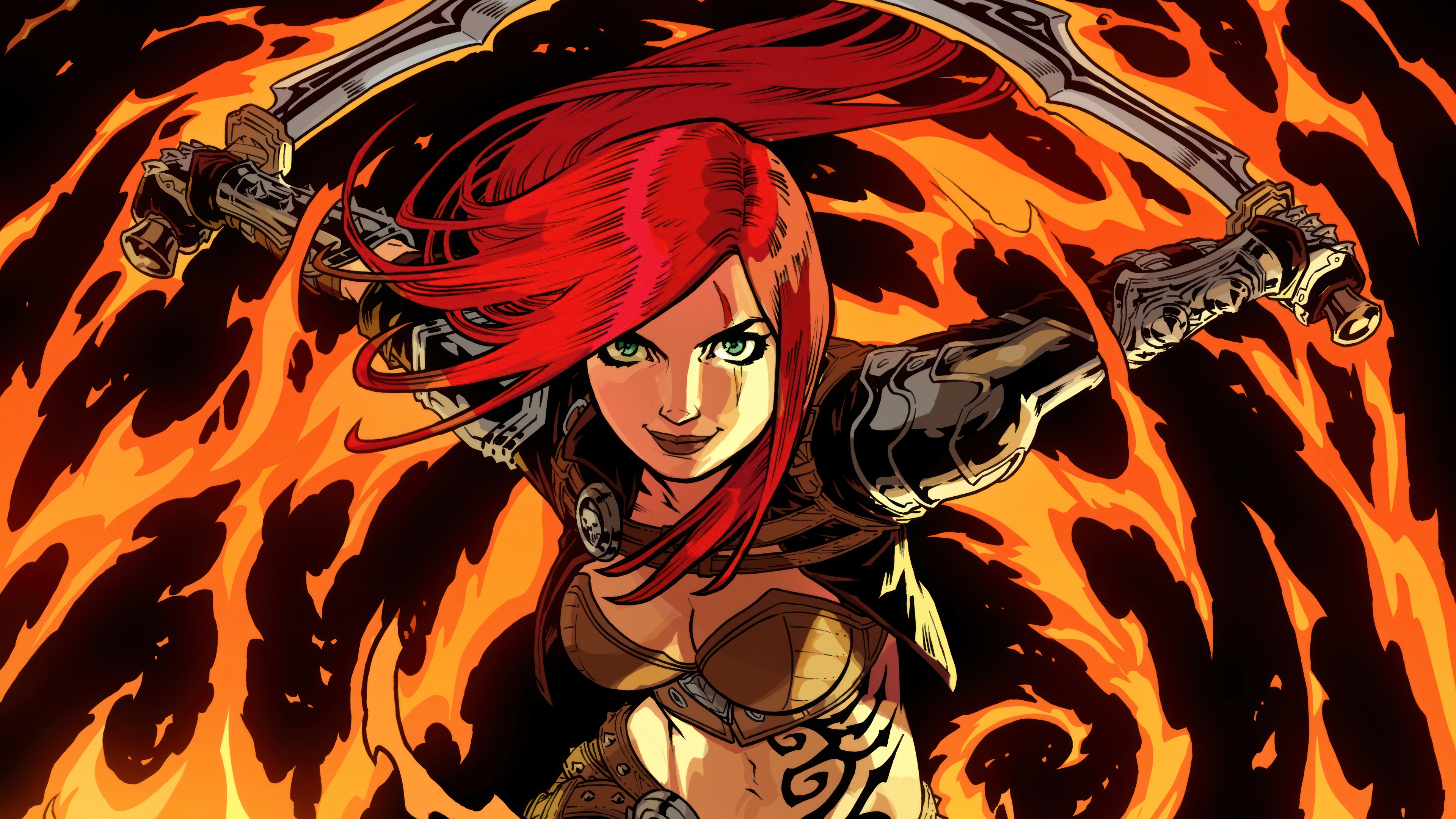 Katarina from League of Legends with swords and fire HD Wallpaper