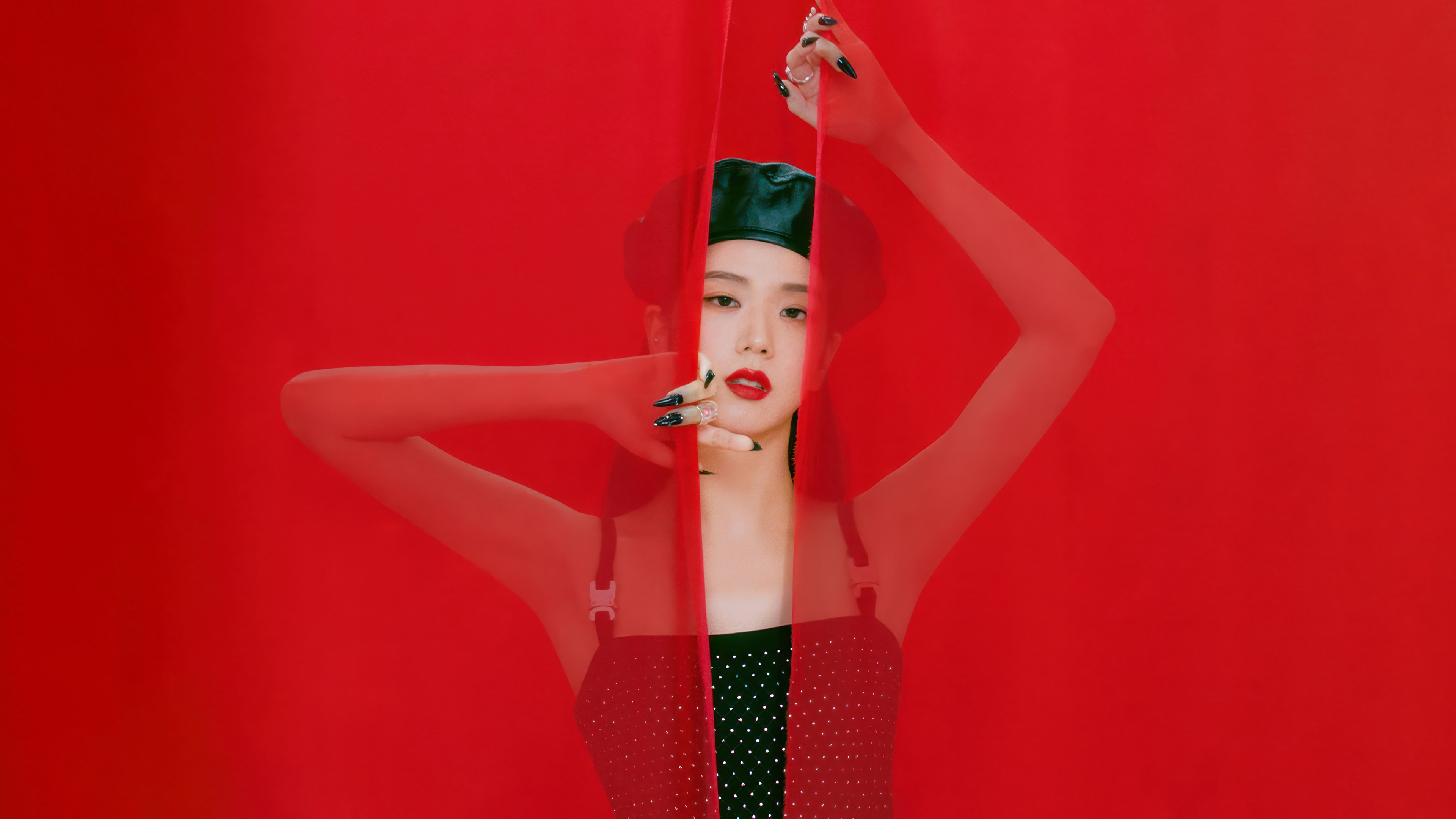 Jisoo from BLACKPINK in red attire HD Wallpaper