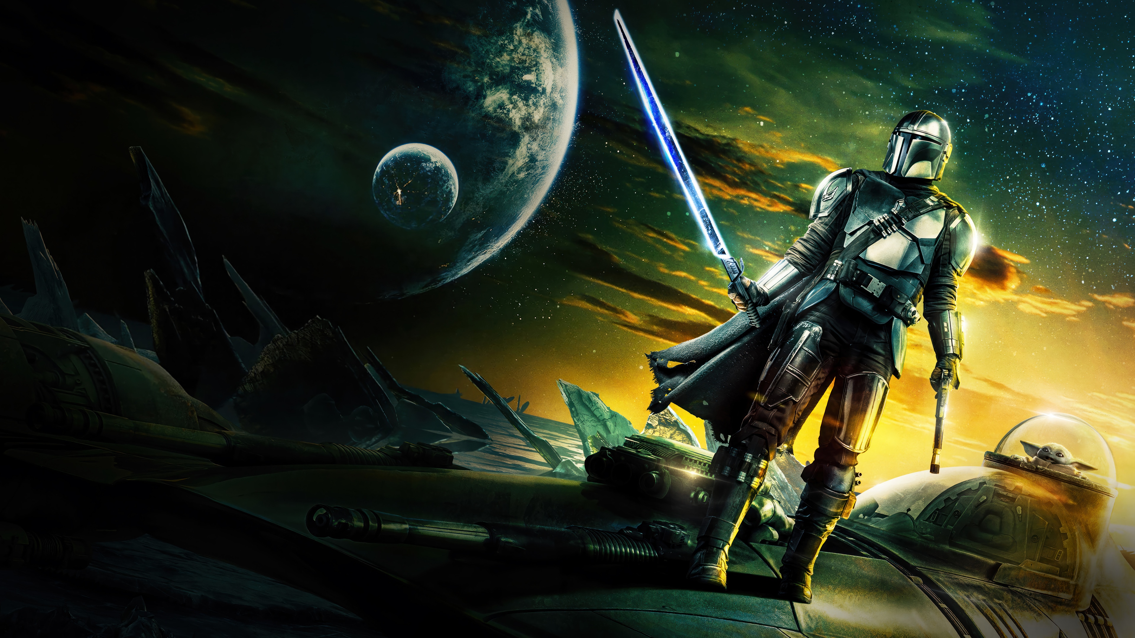 The Mandalorian with Darksaber and Grogu 4K HD Wallpaper