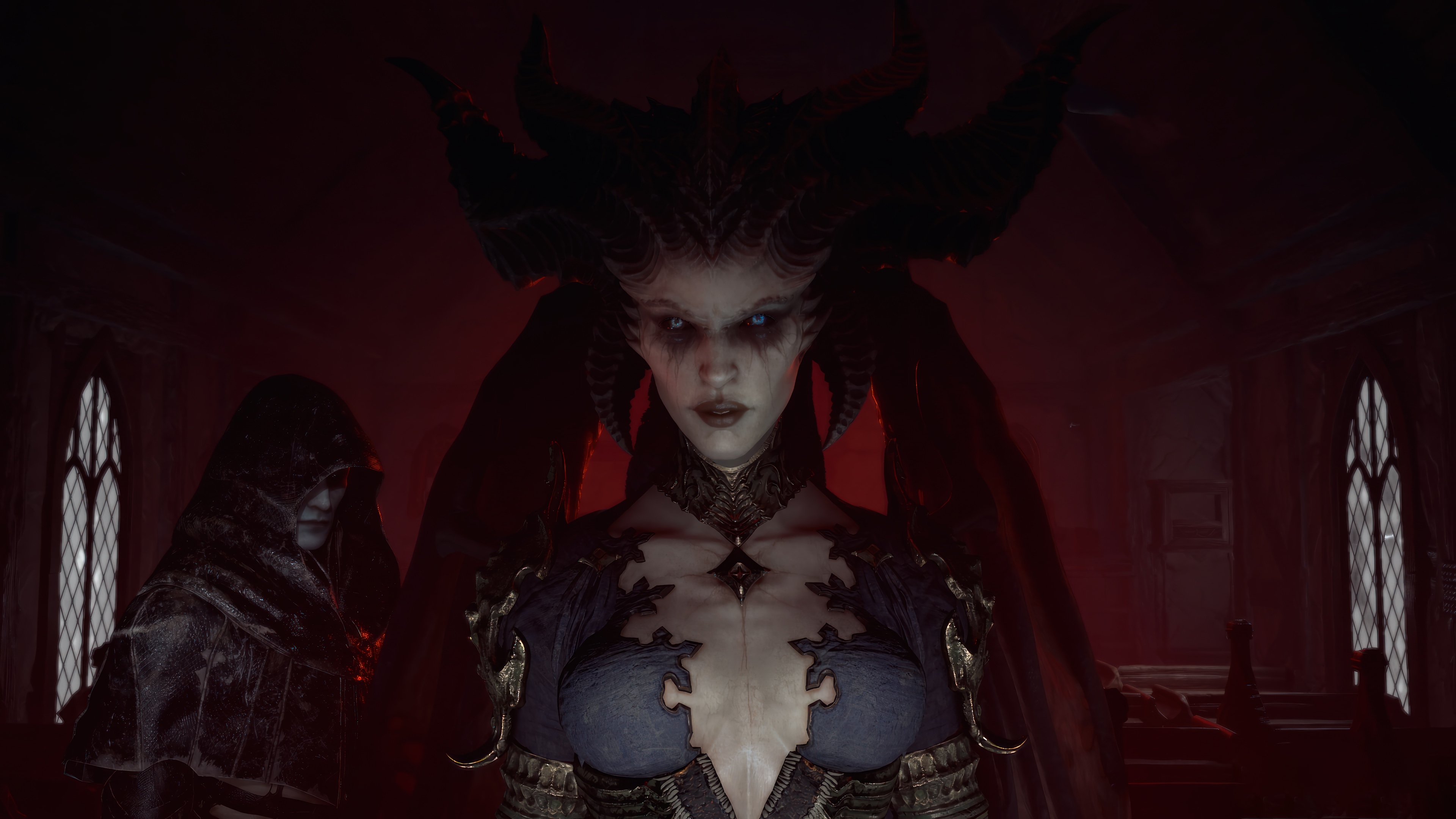 Lilith and hooded figure in Diablo IV HD Wallpaper