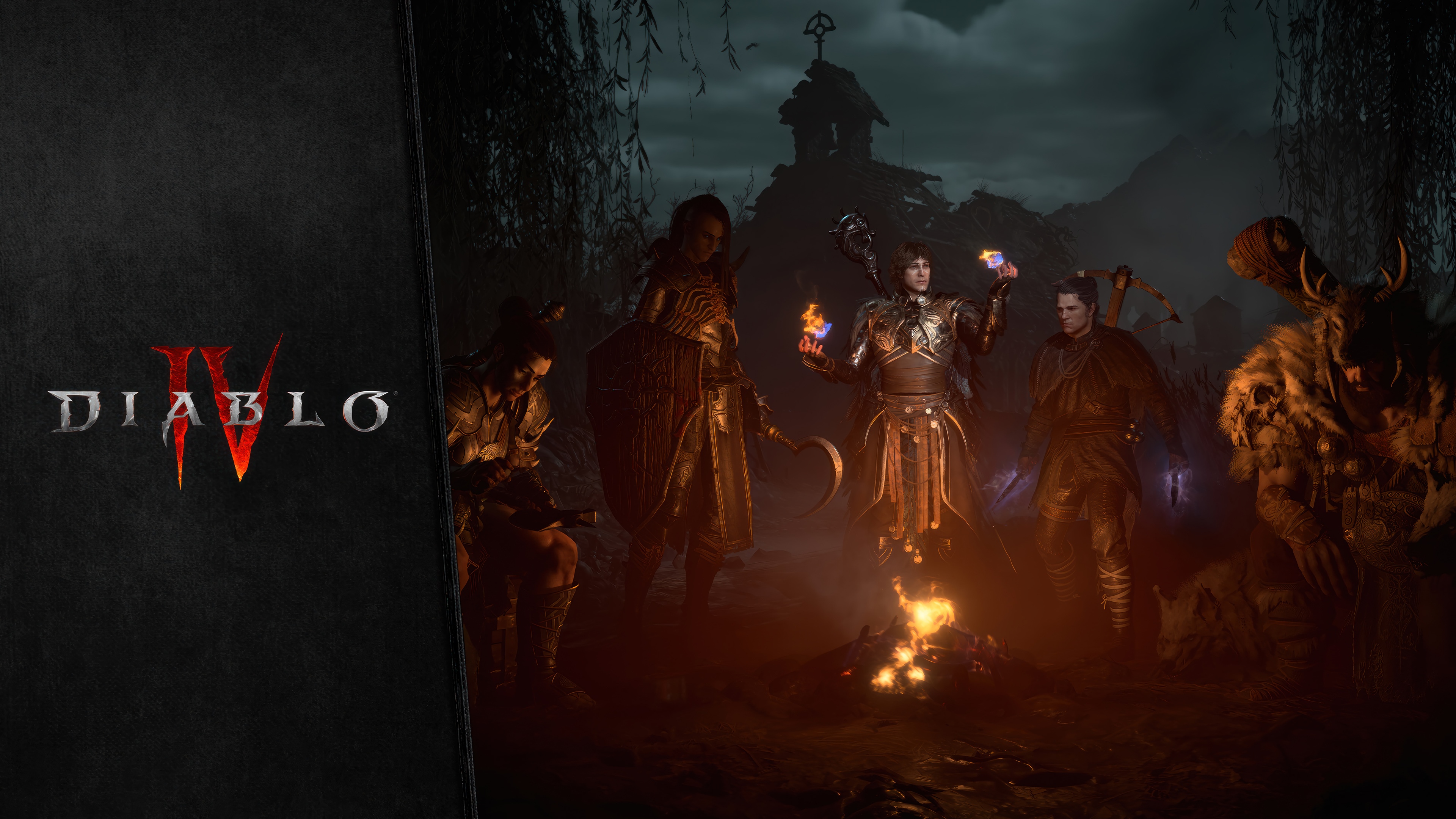 Diablo IV characters around a campfire HD Wallpaper