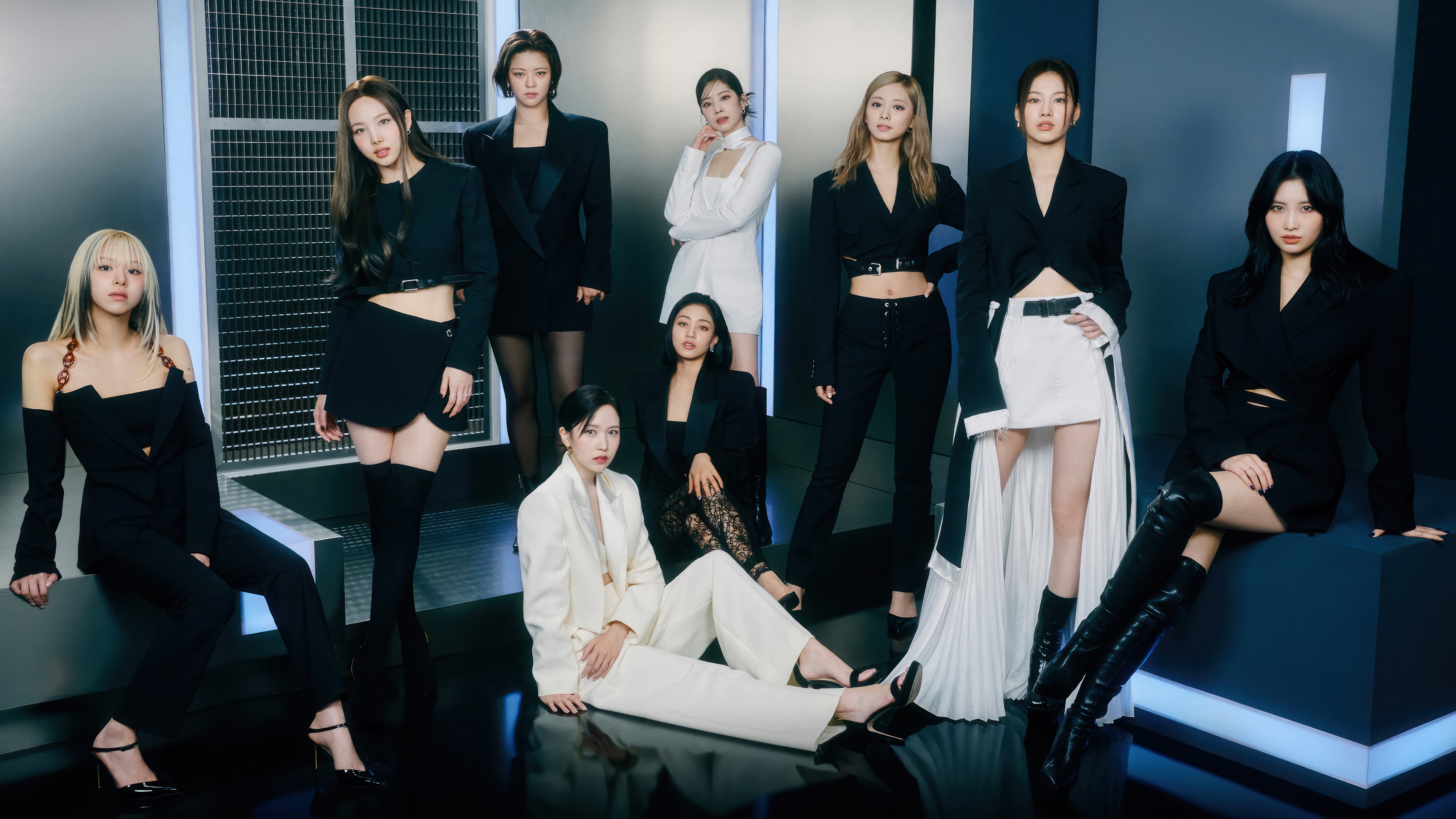 TWICE Kpop group in black and white outfits HD Wallpaper