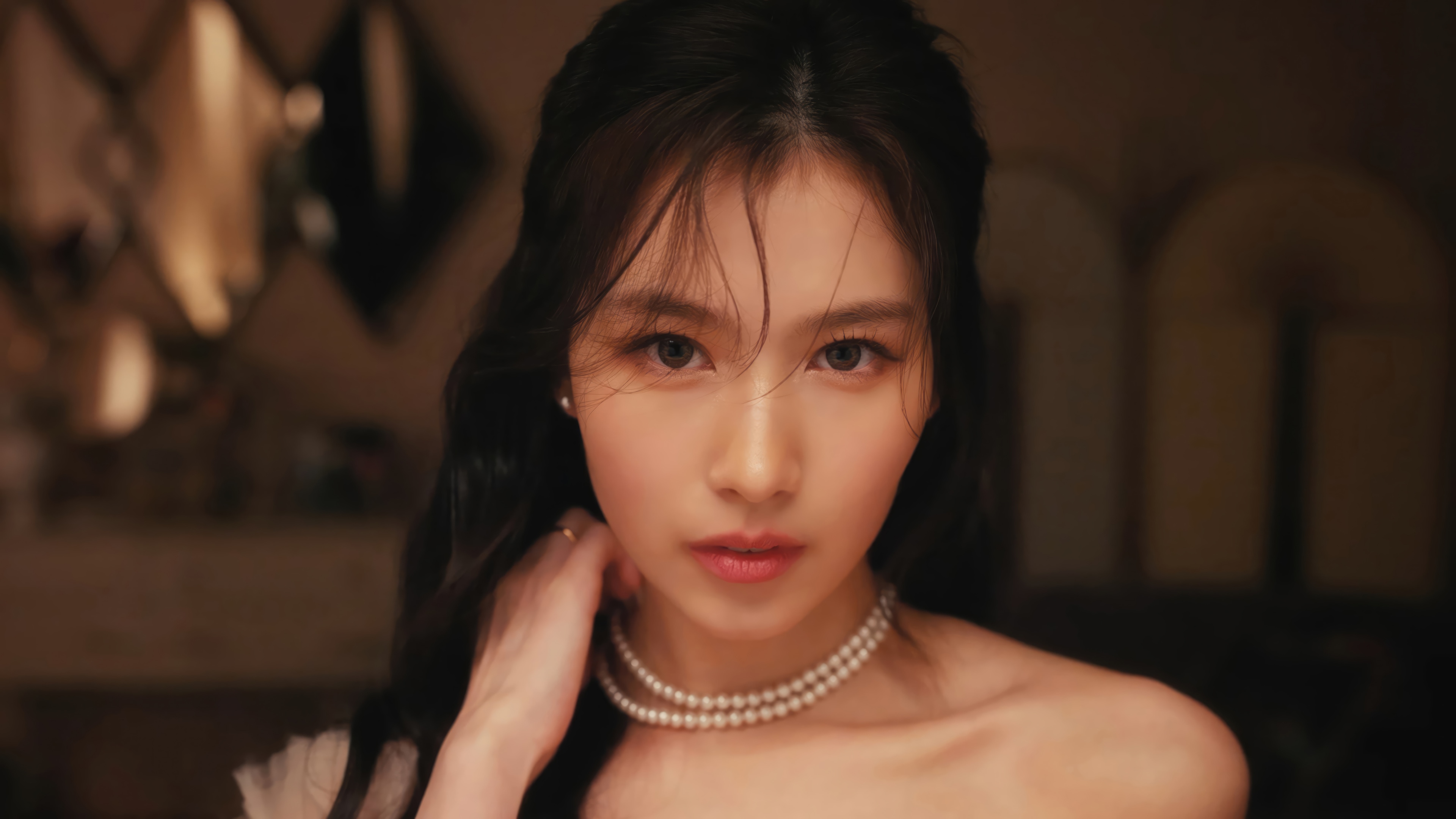 Sana from TWICE wearing a pearl necklace HD Wallpaper