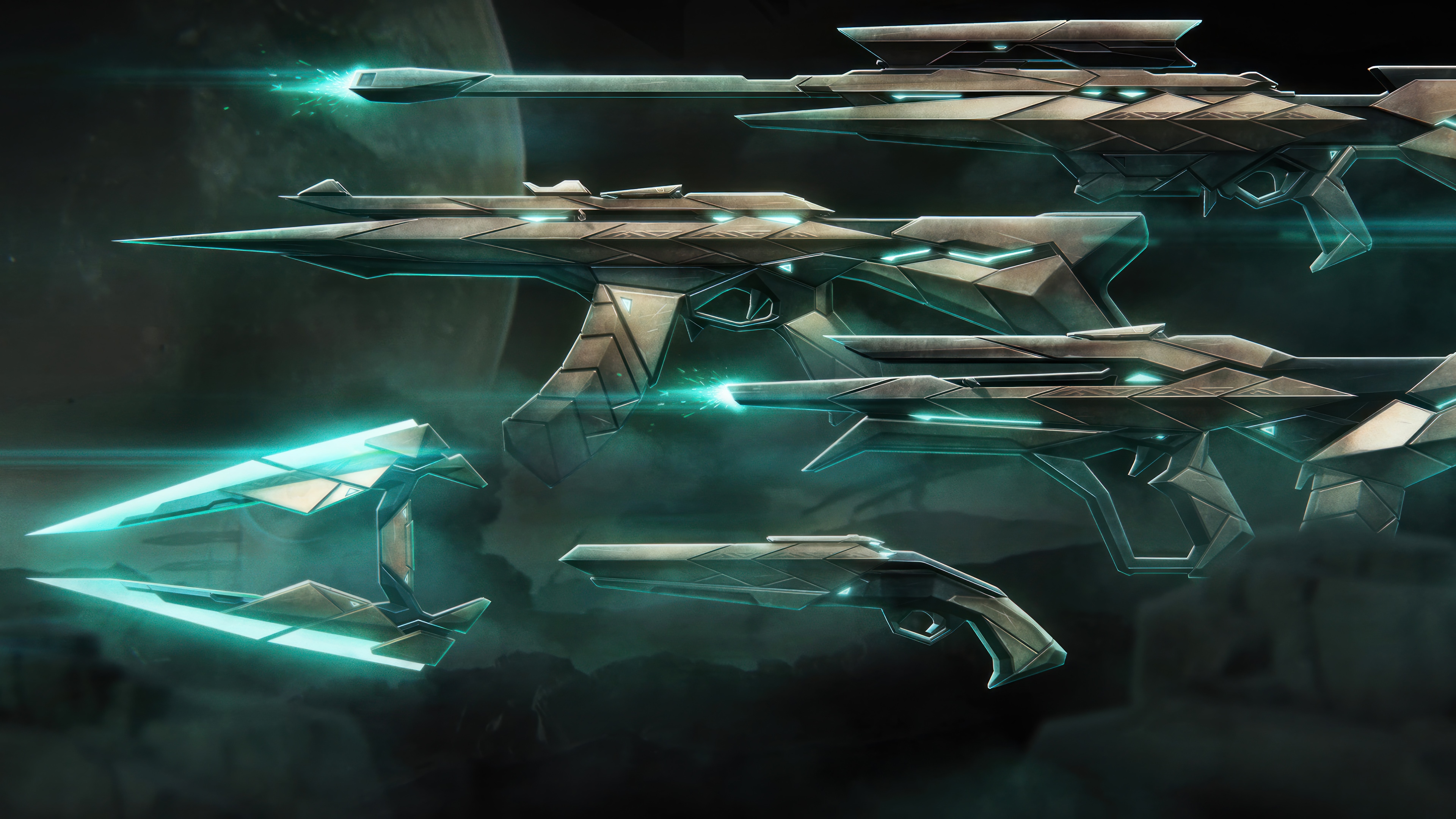 Valorant weapons with glowing blue accents HD Wallpaper