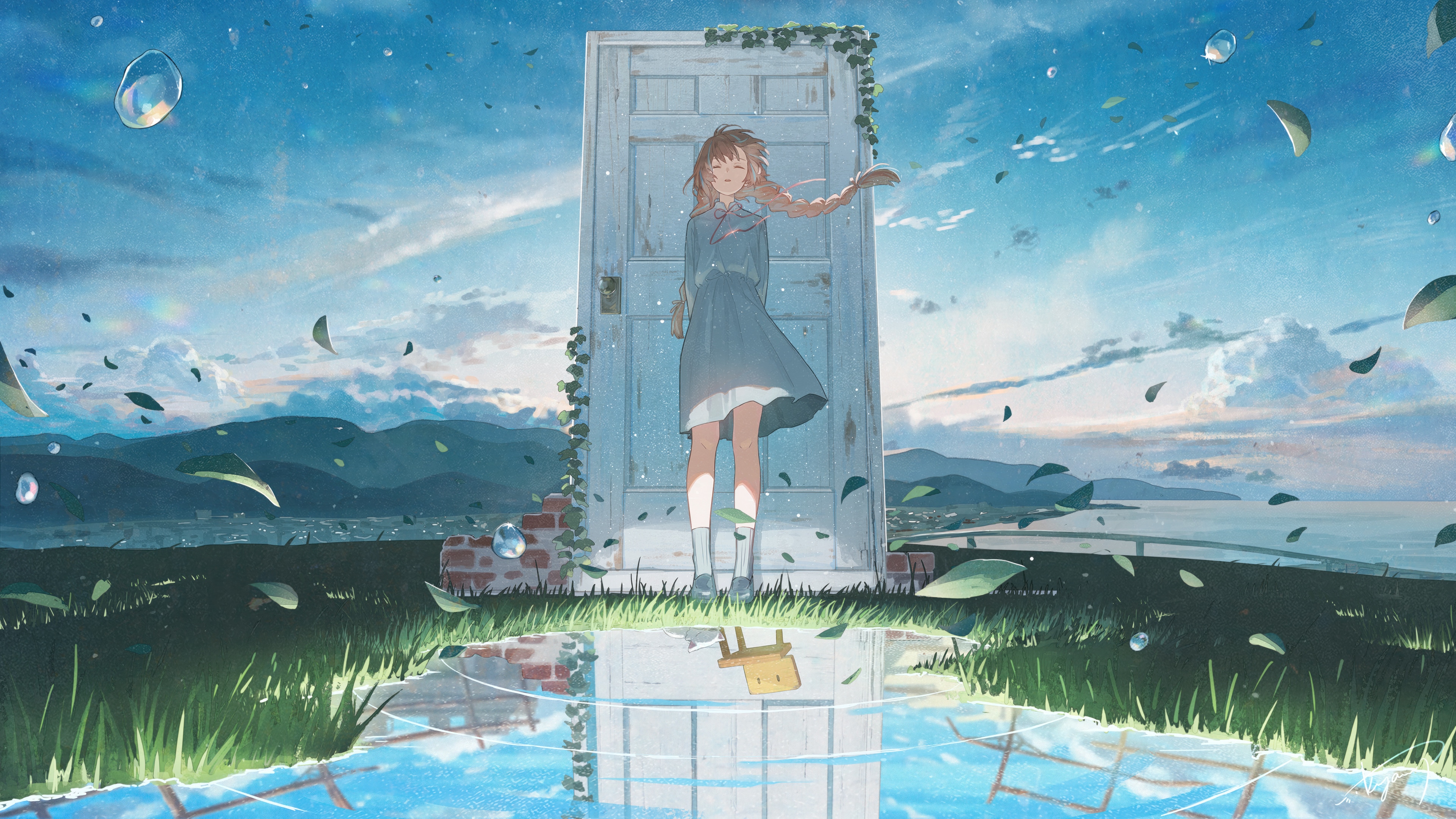 Suzume Iwato stands before a door in 4K HD Wallpaper