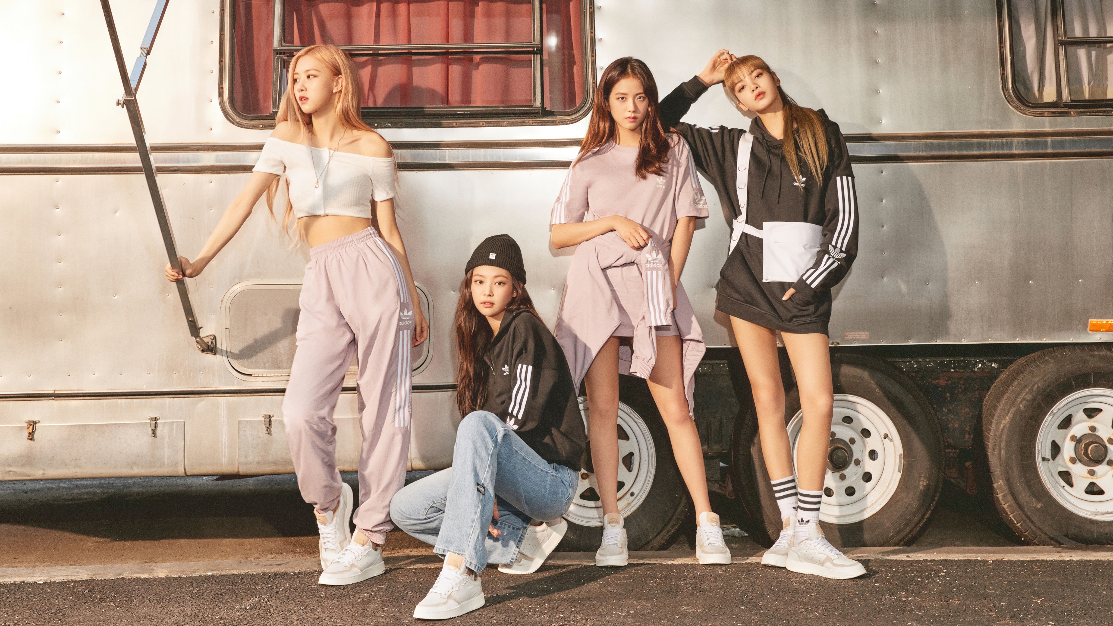BLACKPINK members posing in Adidas outfits HD Wallpaper