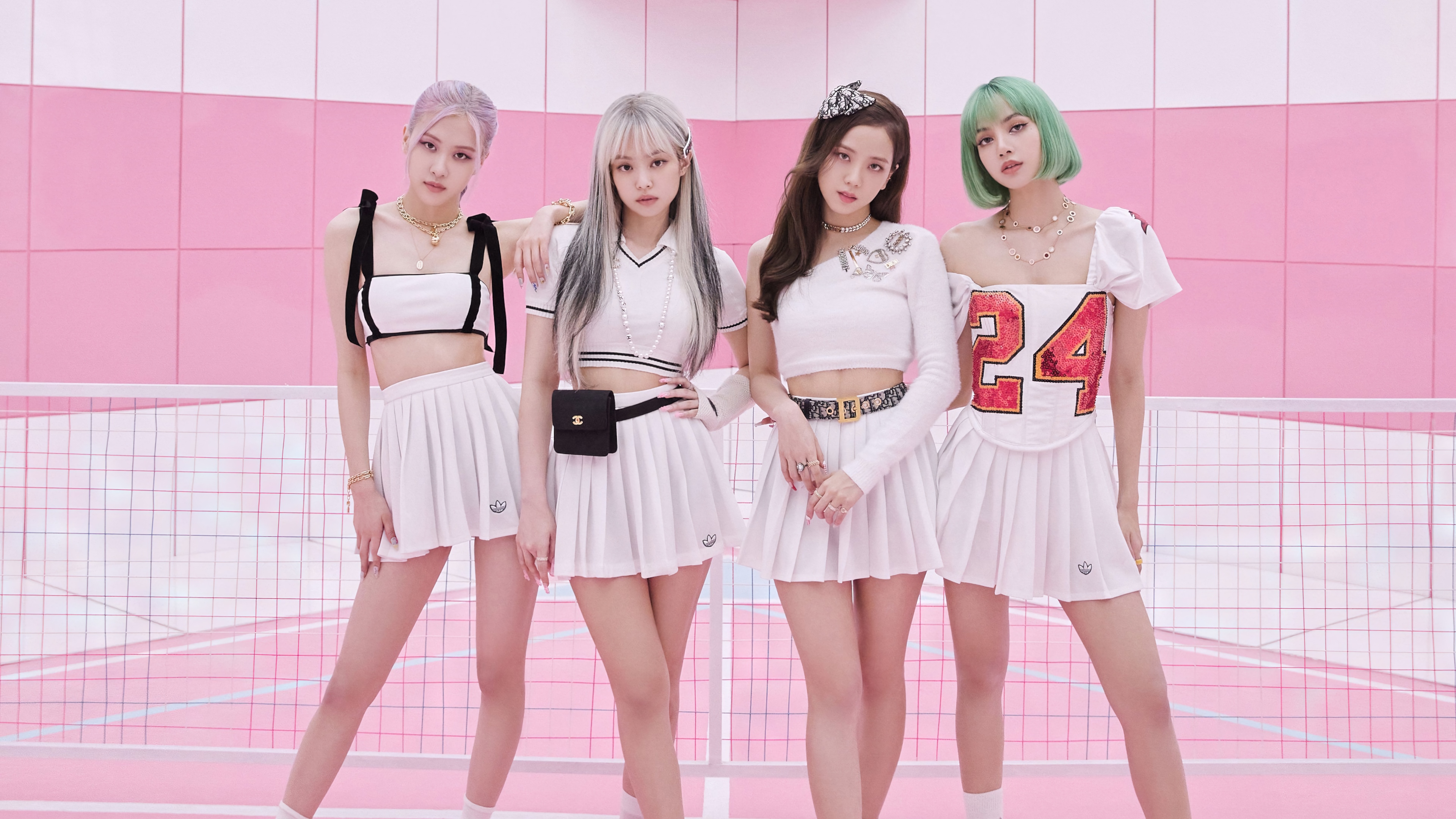 BLACKPINK members Rose, Jennie, Jisoo, and Lisa in white outfits HD Wallpaper