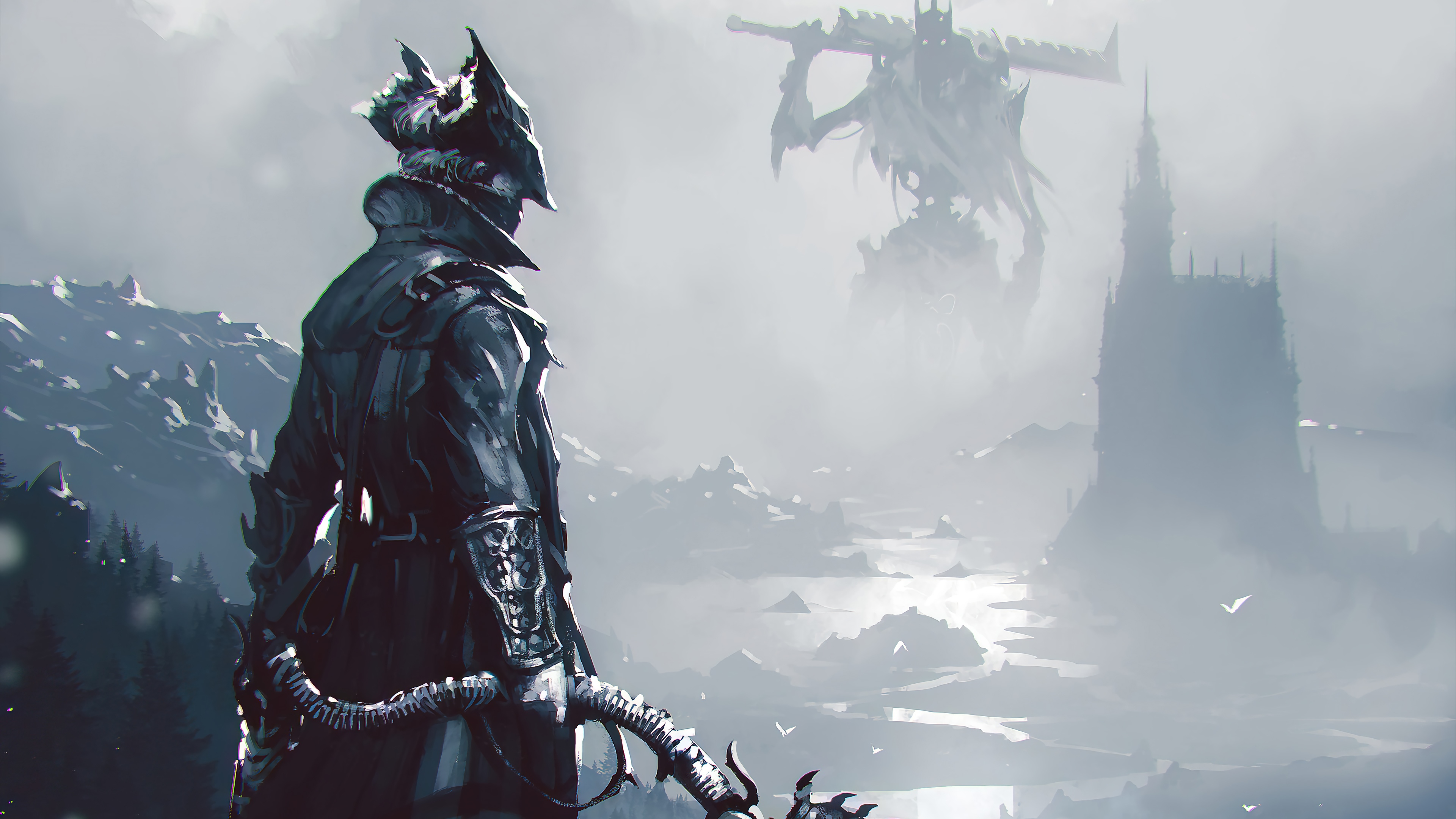 Bloodborne Hunter faces a giant creature and castle HD Wallpaper