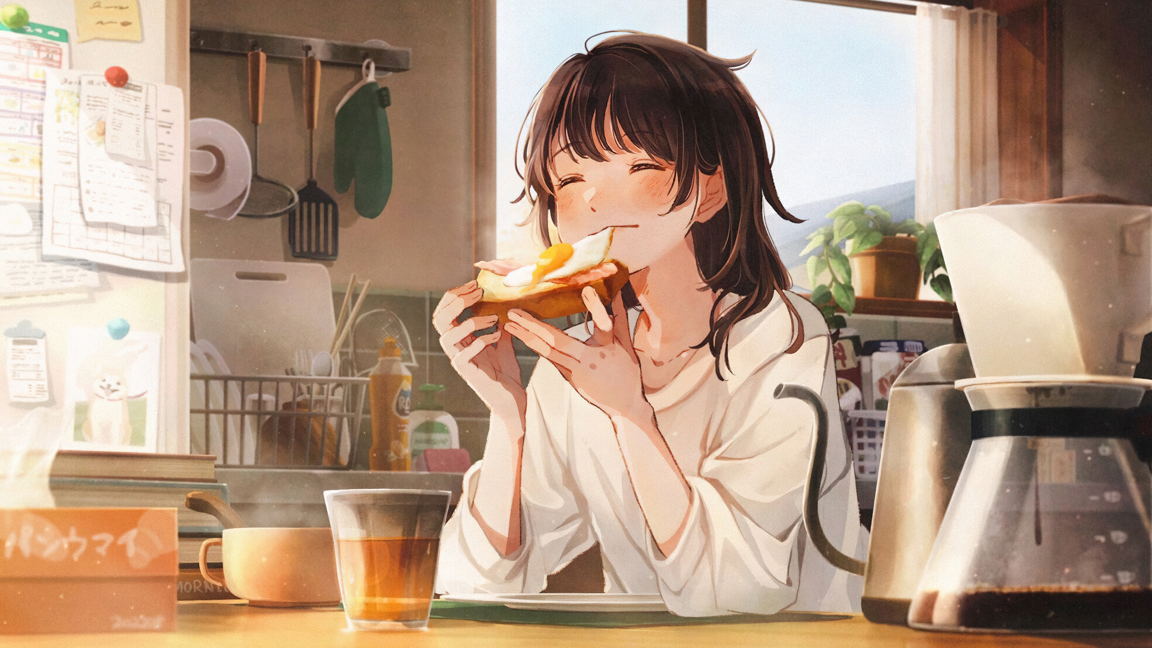 Anime Girl Eating Breakfast with Coffee HD Wallpaper